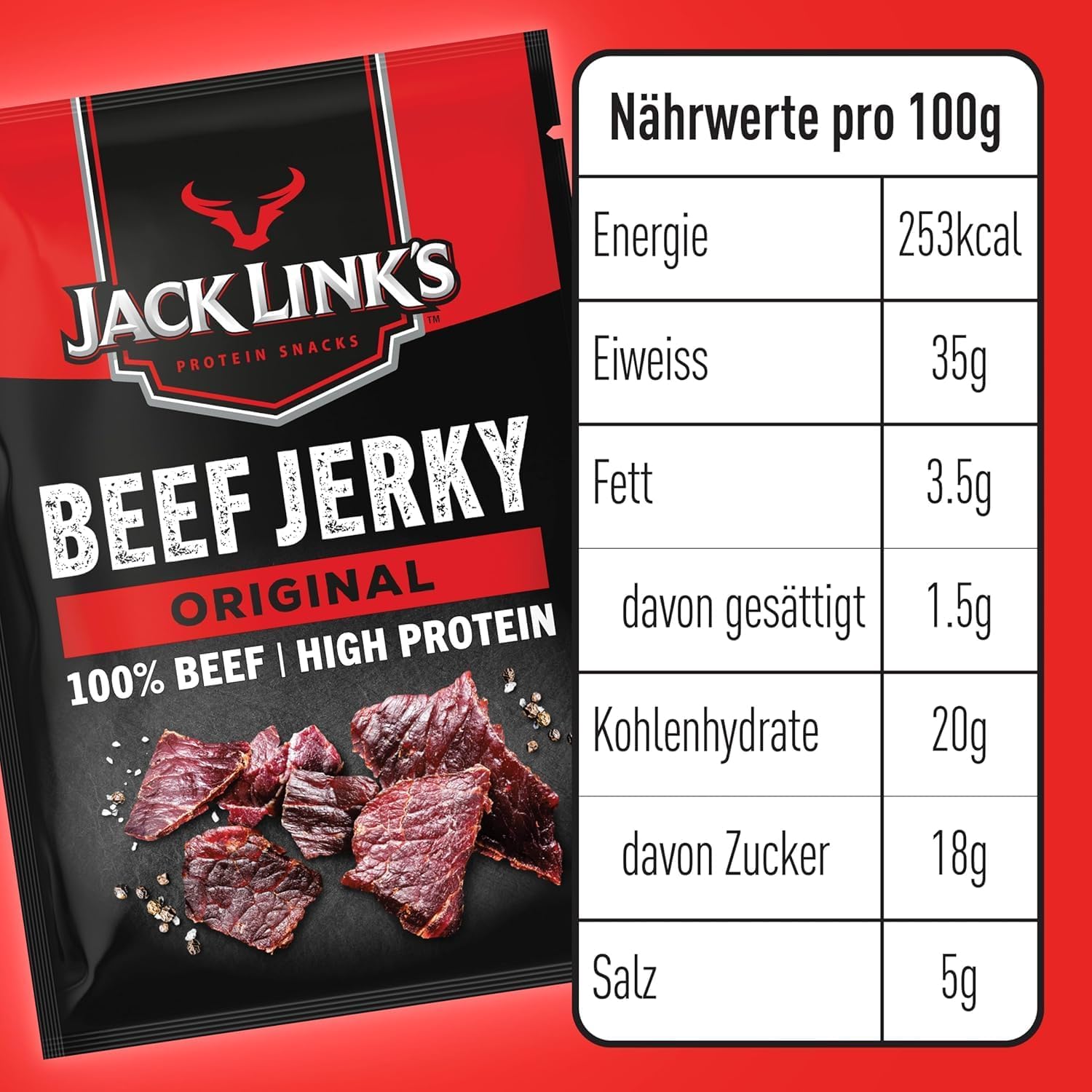 Jack Links Beef Jerky Original – 12er Pack (12 x 25g) – Trockenfleisch Eiweiß Snacks - High Protein Snack für Gym, Fitness, Outdoor - American Food für Menschen - Dörrfleisch Chips aus Rind Fleisch
