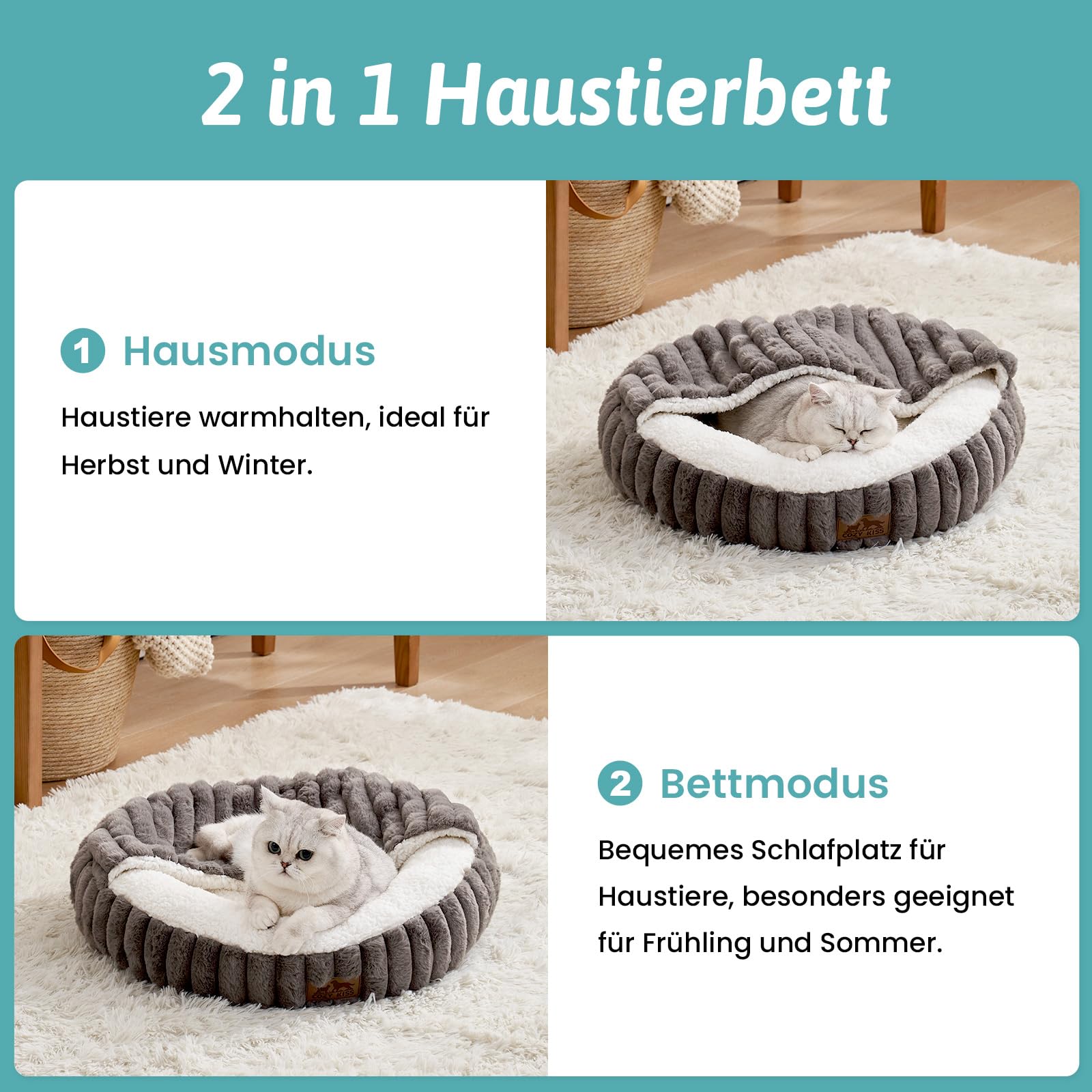 COZY KISS Katzenbett mit Decke 50x50x15cm - Flauschige Kleine Katzenhöhle - Kissen, Runde kleine Hundebett mit Rutschfester Unterseite, Katzensofa mit Kopfstütze aus Kunstfell, Waschbares, Creme