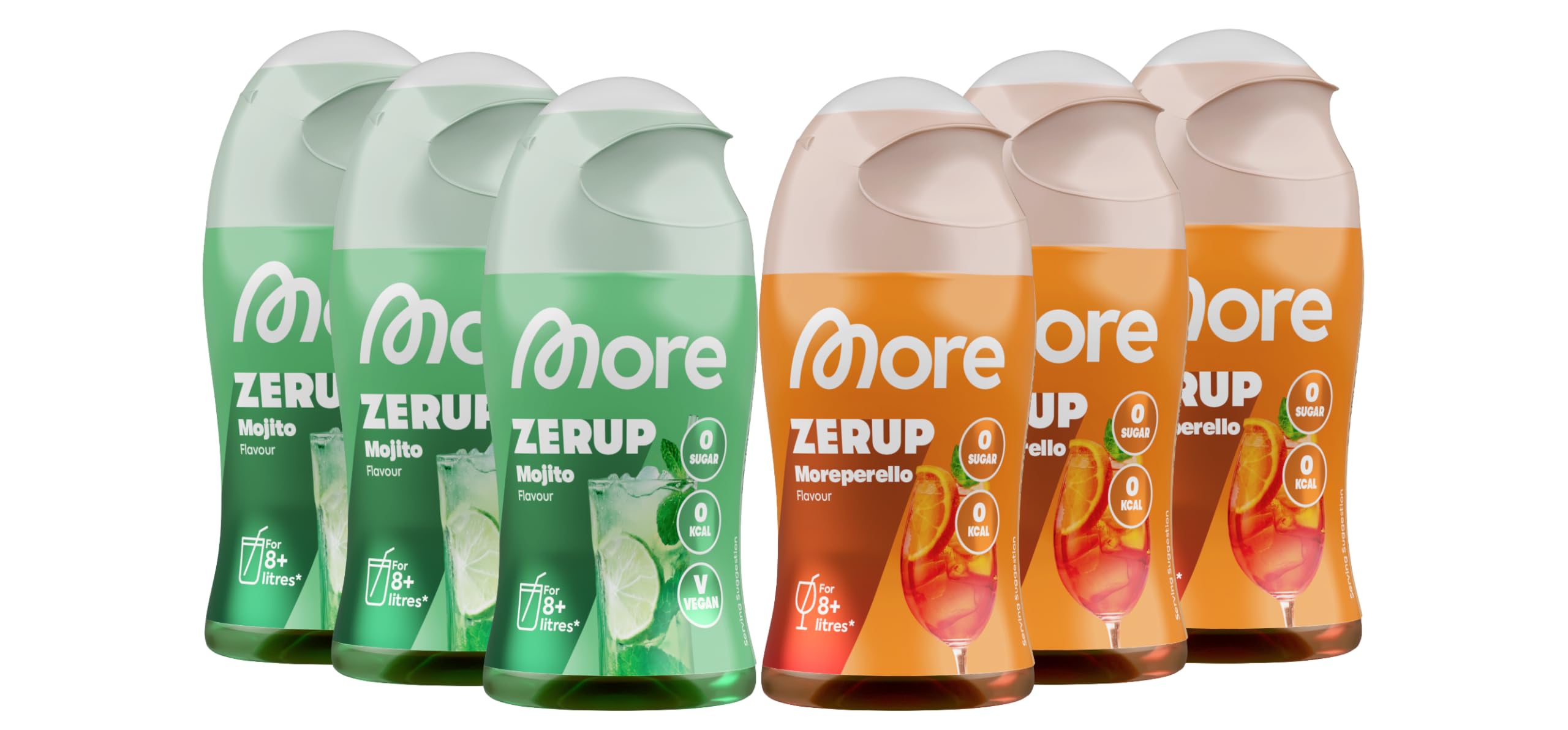 MORE Zerup, mixed 6er Bundle, 6 x 65 ml, verschiedene Sorten, für bis zu 48 l Fertiggetränk, zuckerfreier Sirup mit u.a. echten Fruchtextrakten, vegan, zero Kalorien - made in Germany
