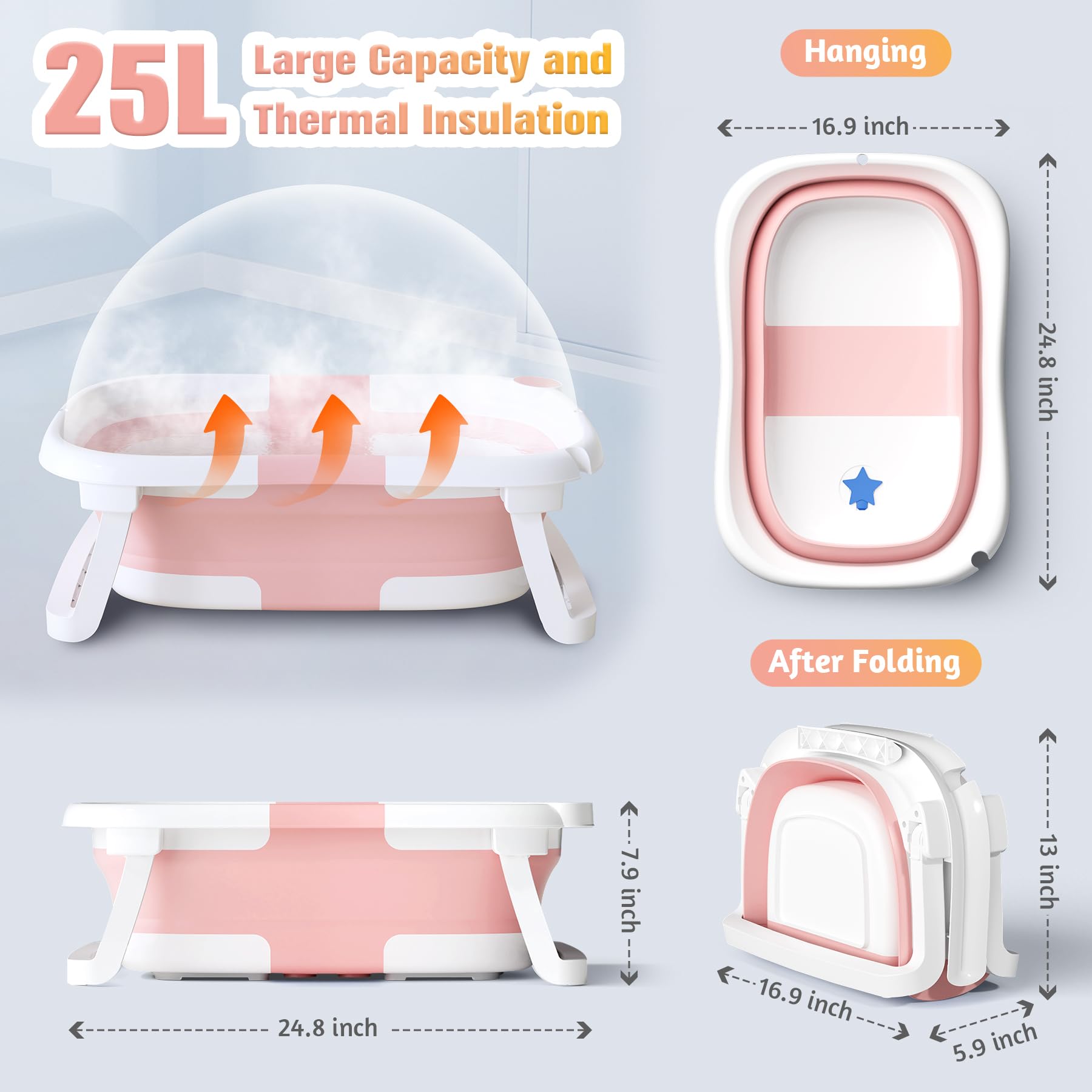 Baby Badewanne Faltbare, Baby Bathtub Babywanne Faltbar Babybadewanne Tragbare Wanne für Neugeborene Kleinkinder mit Rutschfester Matte und Abflussloch (Kein Thermometer) (Grau)