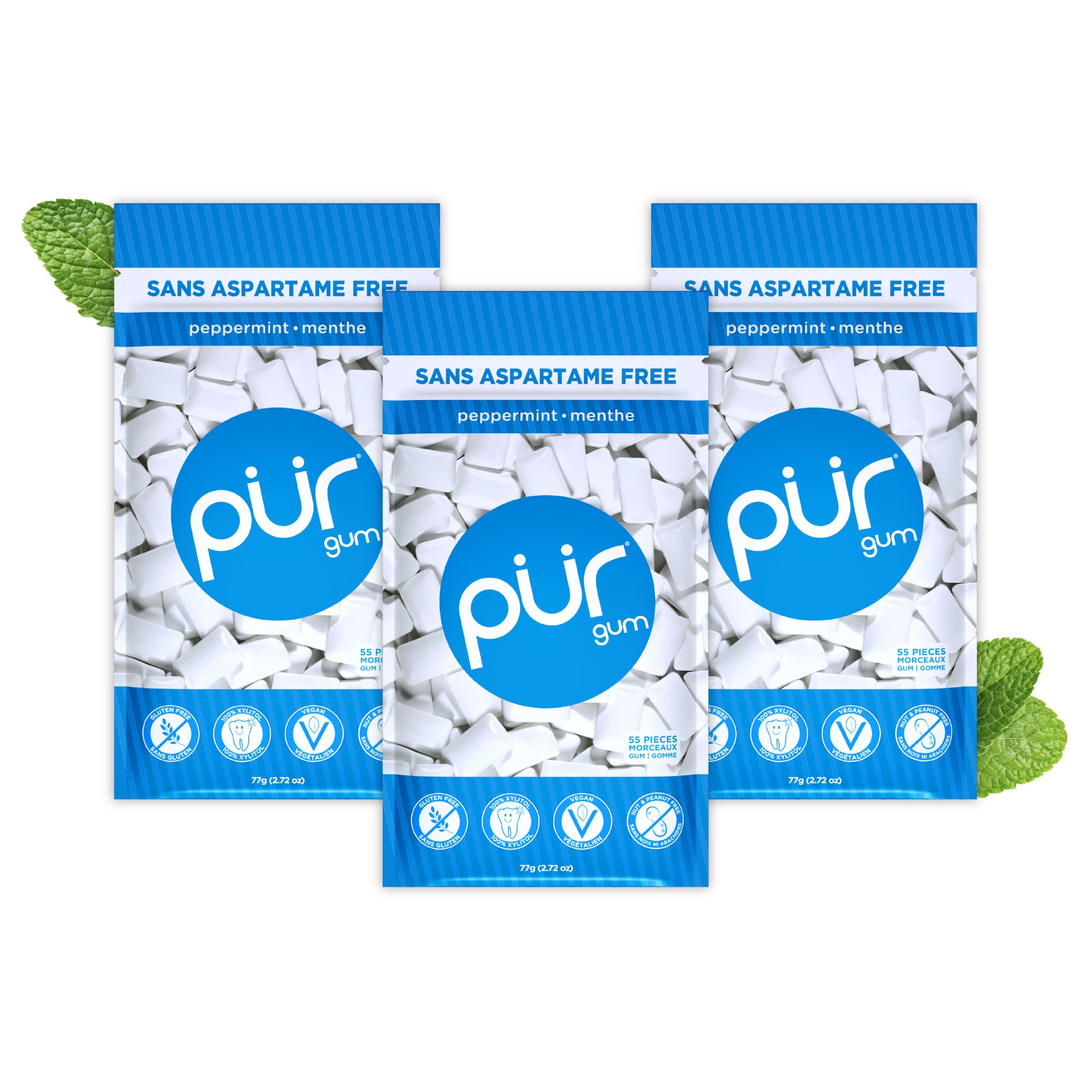 PUR Gum | Zuckerfreier Kaugummi | Mit Xylit | Vegan, Aspartamfrei & Glutenfrei | Natürlicher Kaugummi Mit Spearmint-Geschmack, 55 Stück (3er Pack)