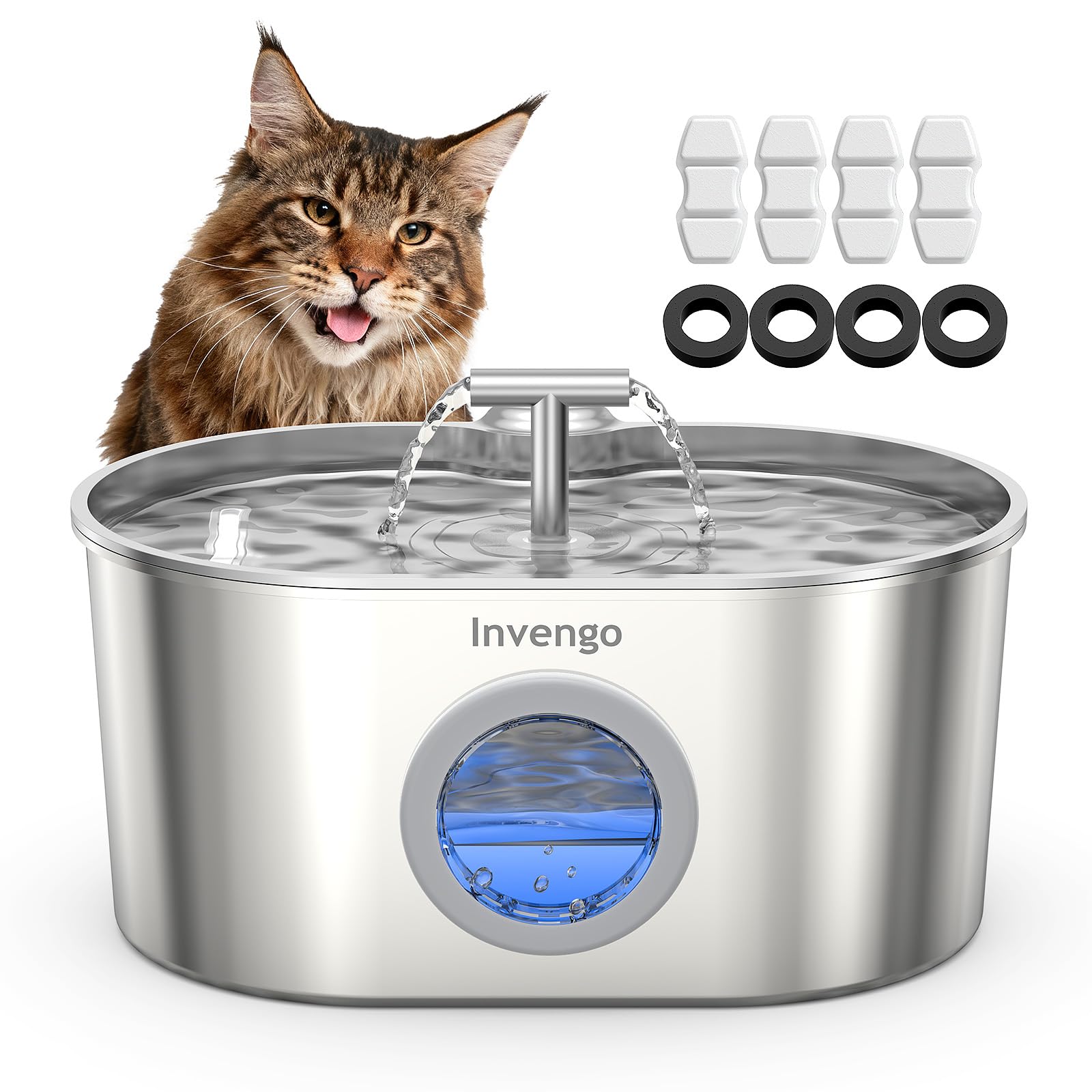 Invengo MeowFlow B30 Trinkbrunnen für Katzen, 2,2L Edelstahl-Haustierbrunnen mit sichtbarem Wasserfenster, einfach zu reinigen und installieren, inkl. 4 Ersatzfilter, spritzwassergeschütztes Design