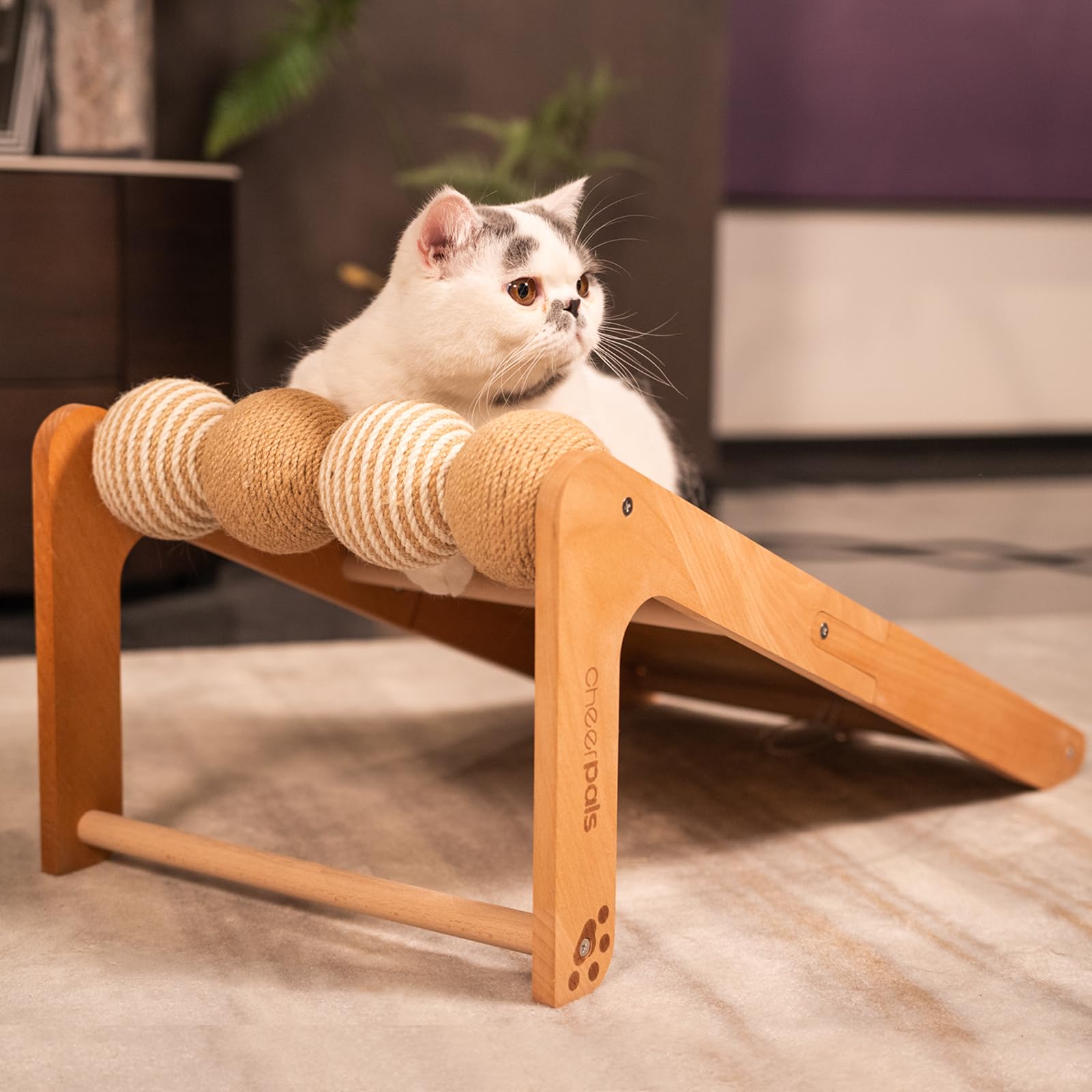 CheerPals Dual-Use Sisal Kratzbrett Katzen- Large 63cm H, Massivholz Buche & Natürliche Sisal Kratzsäule Katze, L-förmige Kratzmöbel für alle Katzen Spielen, Entspannen