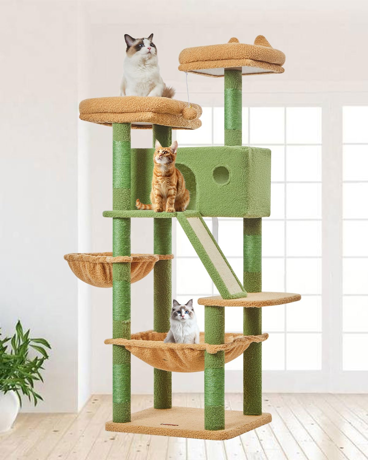 Taoqimiao 180CM Kratzbaum Groß, Katzenbaum Katzen Kratzbaum Grosse Katzen Stabil mit 2 Katzenhaus, Metallhängematte, Korb, 8 Kratzsäulen, Katzenkratztafel, MS026LM Beige