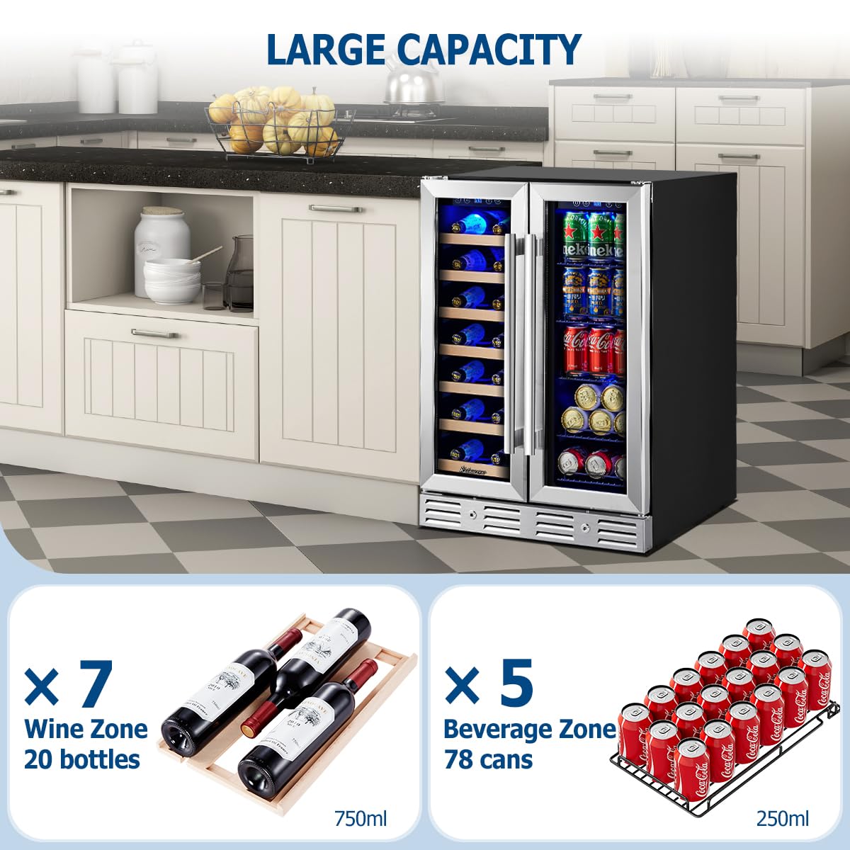 Kalamera 24 inch Wine Cooler, 37 Bottle - Dual Zone Built-in or Freestanding Fridge with Stainless Steel Reversible Glass Door, for Home, Kitchen or Office