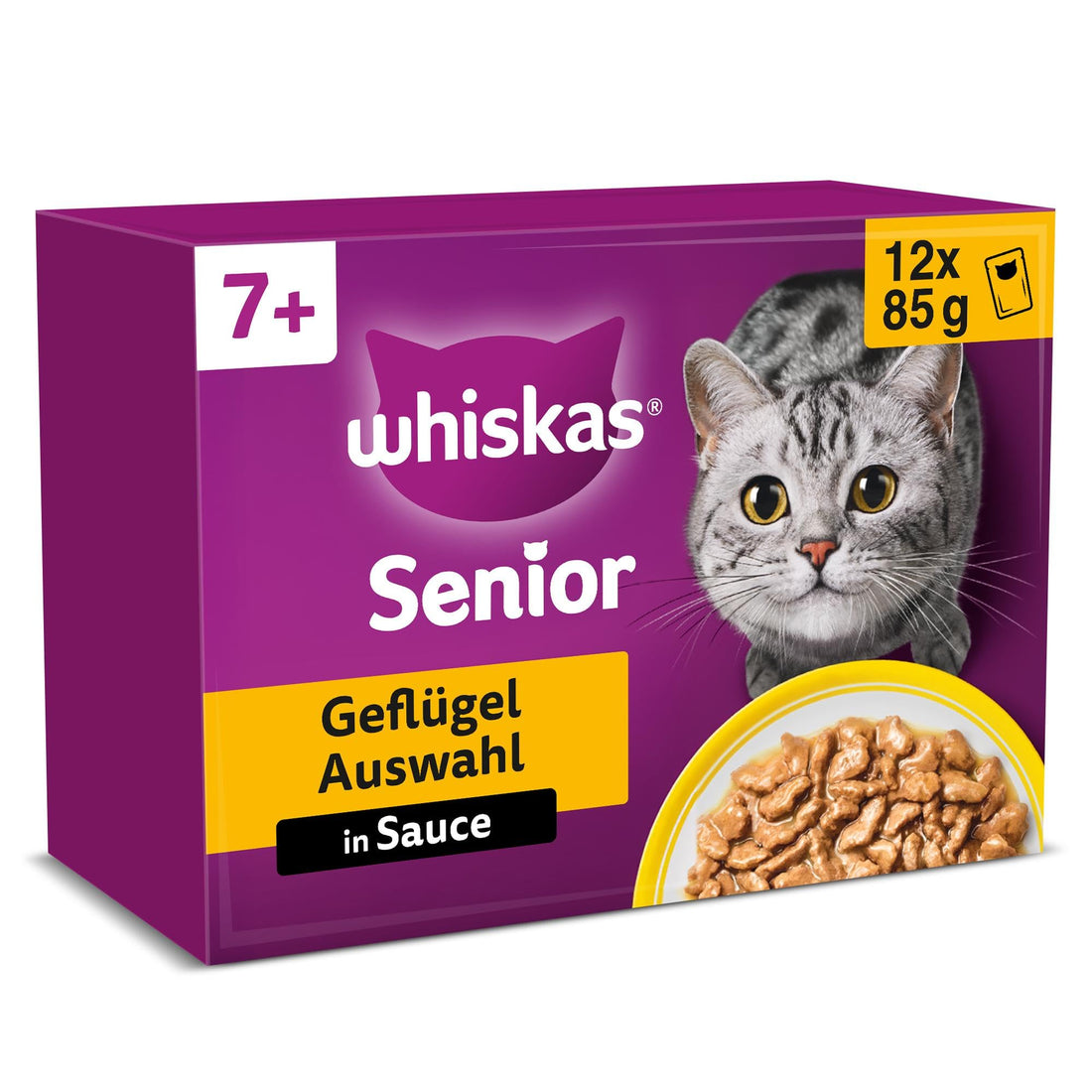 Whiskas Senior 7+ Katzennassfutter Gemischte Auswahl in Sauce, 48 Portionsbeutel, 12x85g (4er Pack) – Hochwertiges Katzenfutter nass, für Katzen ab 7 Jahren und älter
