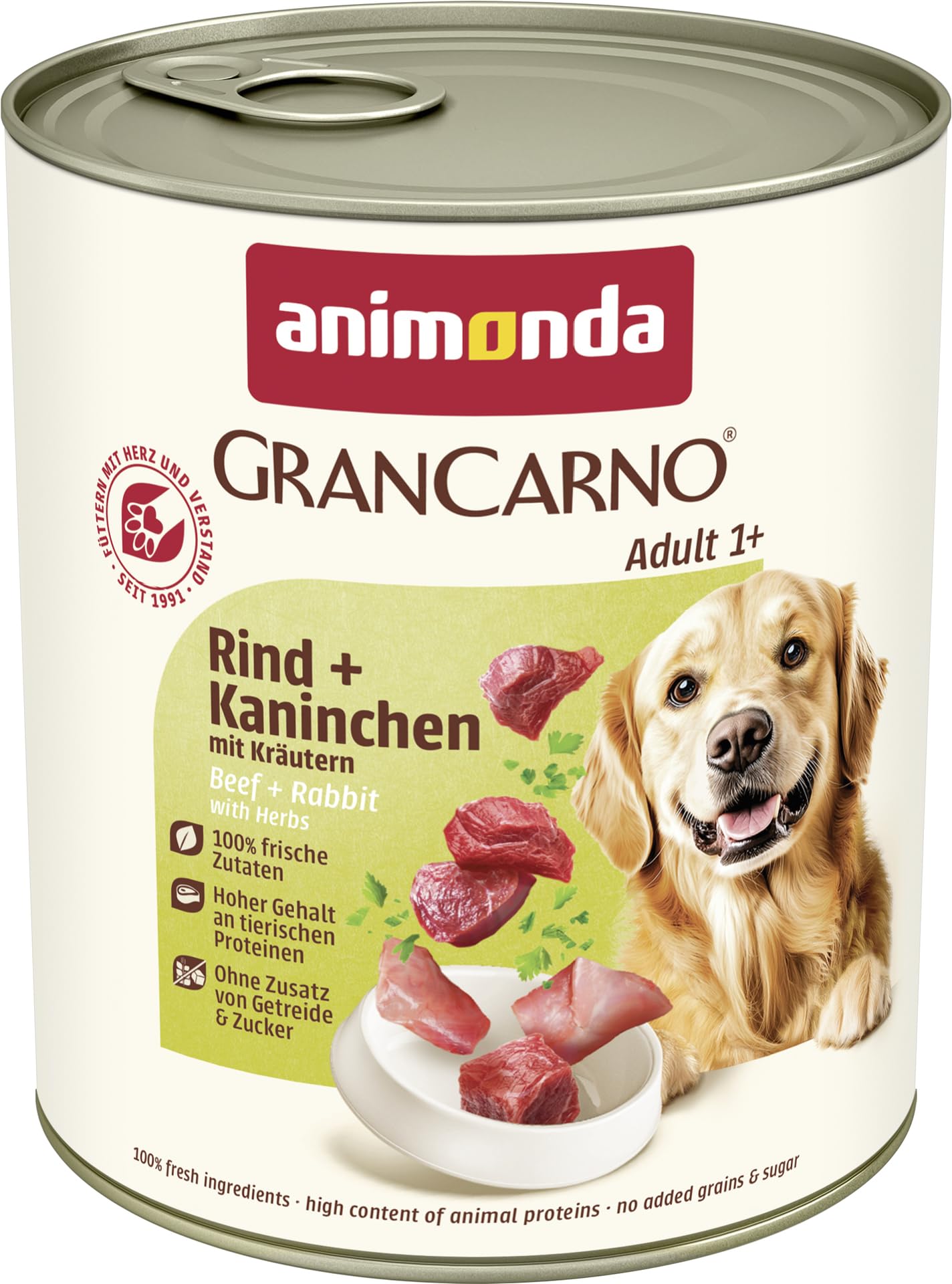 animonda GranCarno Hunde Nassfutter mit Rind + Entenherzen (6 x 800 g), getreidefreies Hundenassfutter ohne Zucker, für ausgewachsene Hunde, mit frischen fleischigen Zutaten