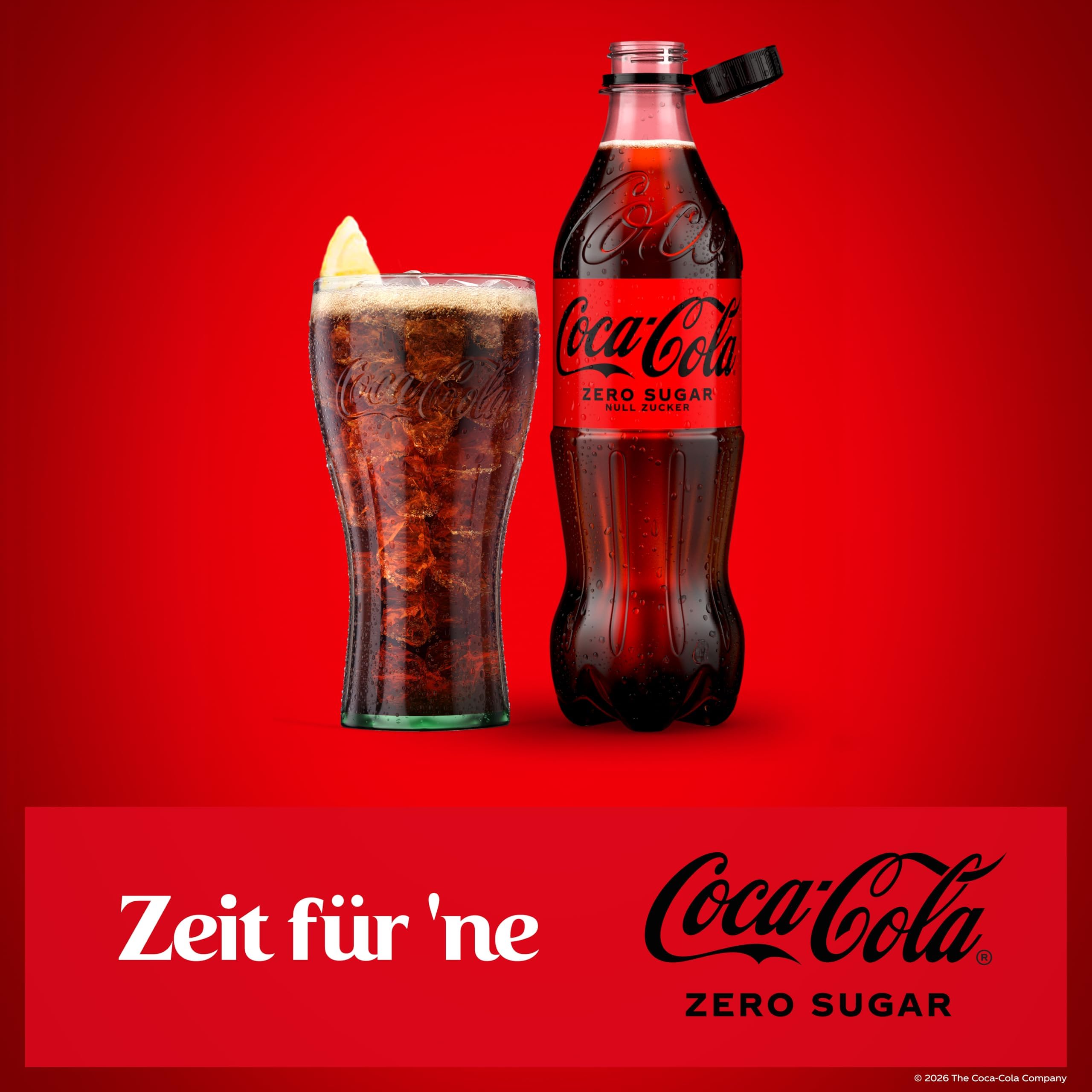 Coca-Cola Zero Sugar - koffeinhaltiges Erfrischungsgetränk mit originalem Coca-Cola-Geschmack - null Zucker und ohne Kalorien - in stylischen Einweg Flaschen (12 x 500 ml)