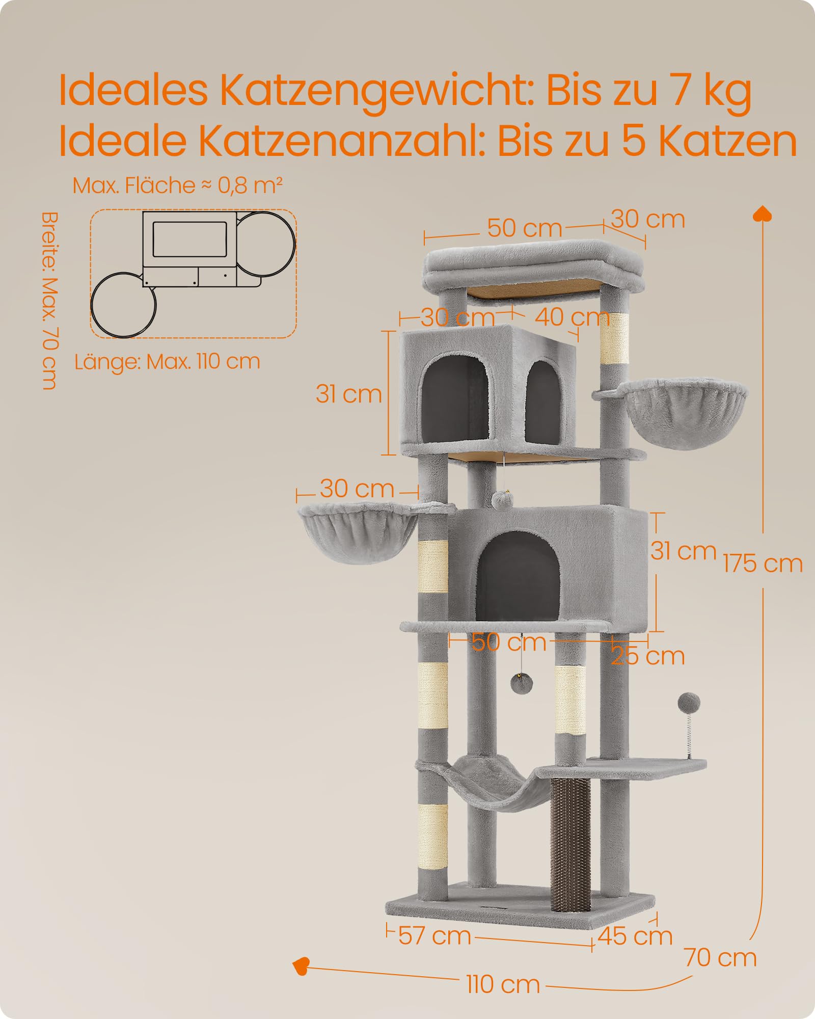 Feandrea Kratzbaum, 175 cm hoch, XL, mehrstöckiger Katzenbaum mit 2 Höhlen, 2 Liegemulden, 5 Kratzsäulen, Katzenbürste, große Plattform, Taubengrau PCT182G01