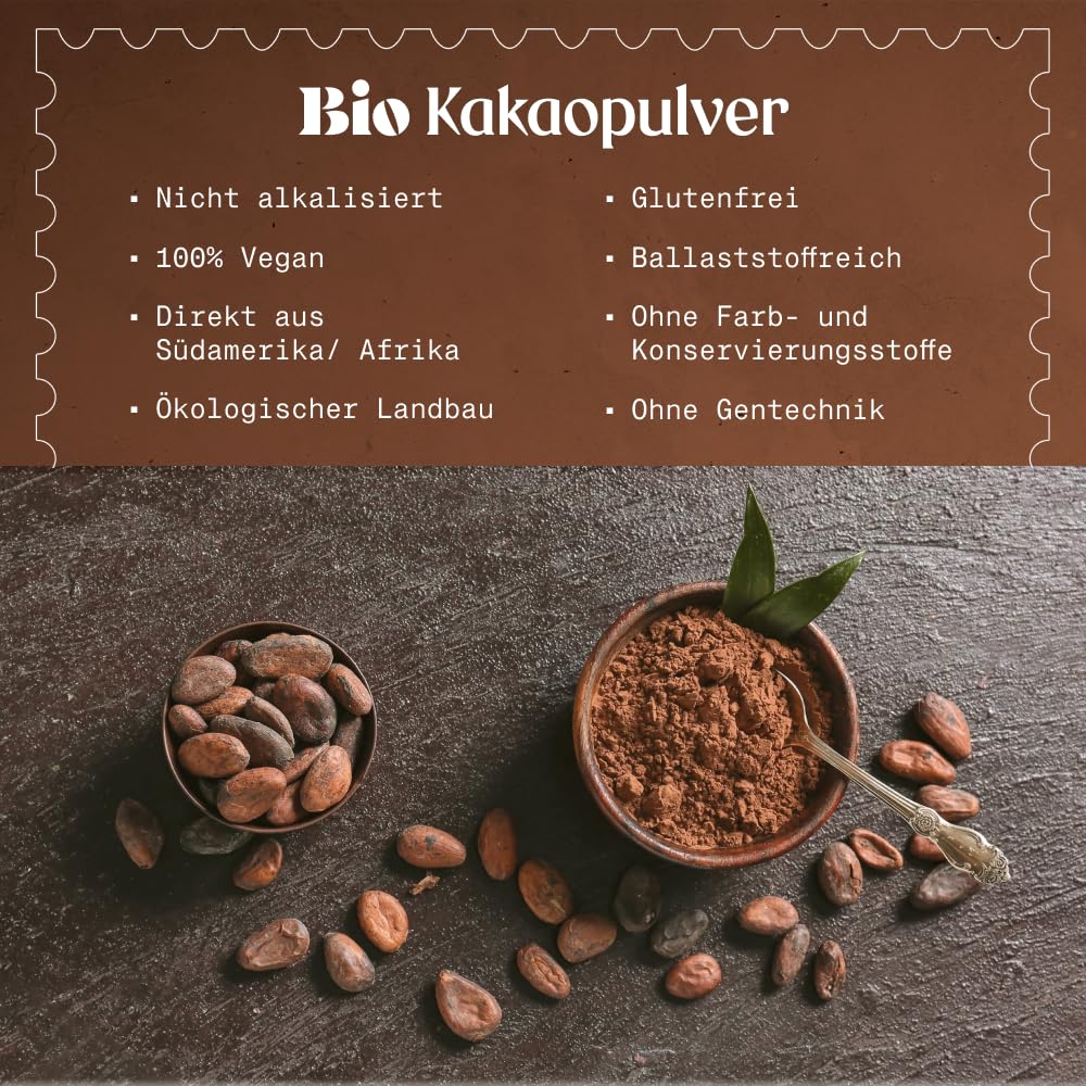NaturaleBio Kakao Pulver Bio 1kg. Organic Cacao Pulver, Roh & Ungesüßt, Ideal für Getränke, Smoothies & Backen, Reich an Magnesium & Phosphor, Geprüft auf Schwermetalle