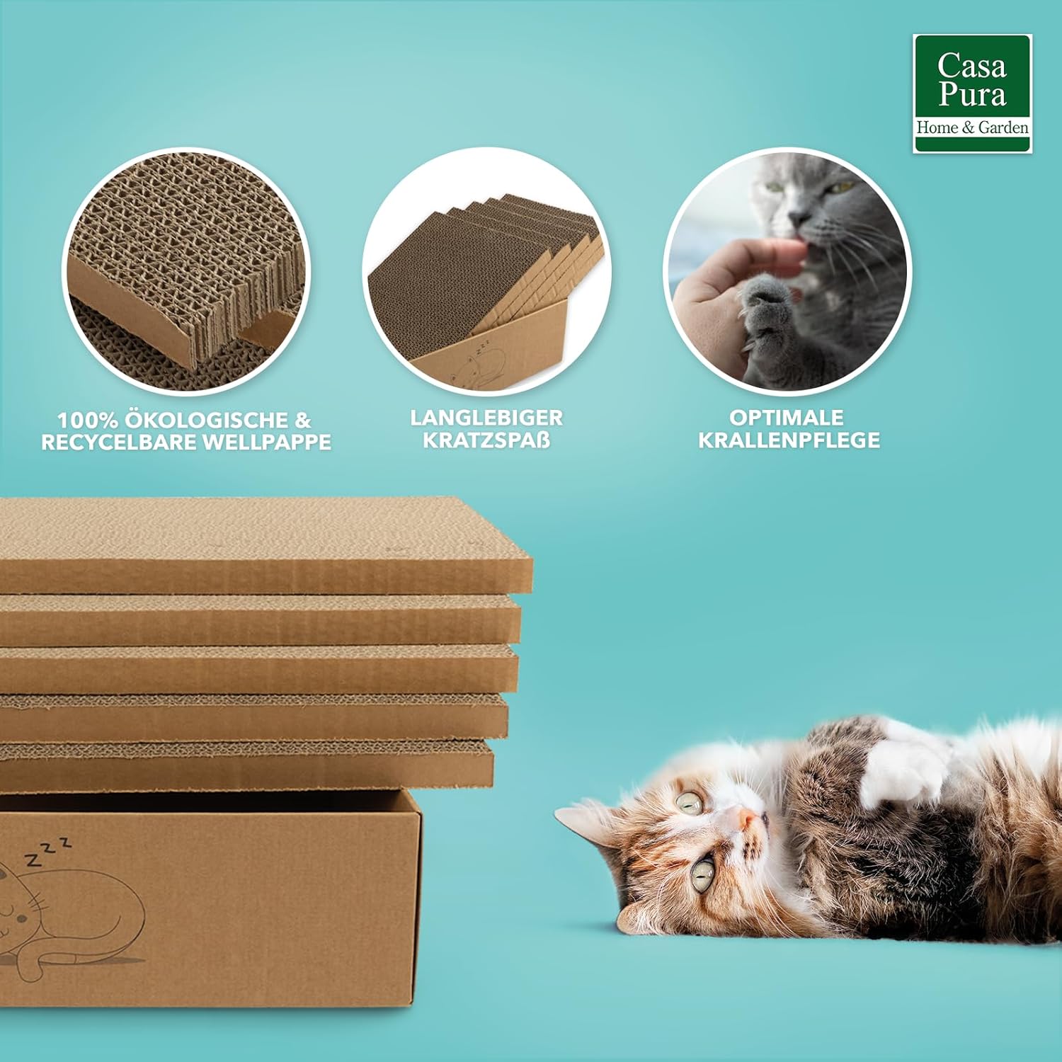 casa pura Katzenkratzbox Tiger mit 5 Kratzbrettern - 43,5 x 29,5 x 14 cm - Doppelseitige Kratzpappe für Katzen - Kratzbrett Katze zur Krallenpflege