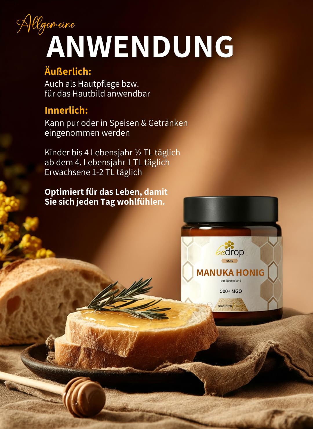 bedrop Manuka Honig mit MGO 500+ XXL Glas - 100% echter Premium Manukahonig aus Neuseeland mit zertifiziertem Methylglyoxal Gehalt (Analyse-Zertifikat) - 140g