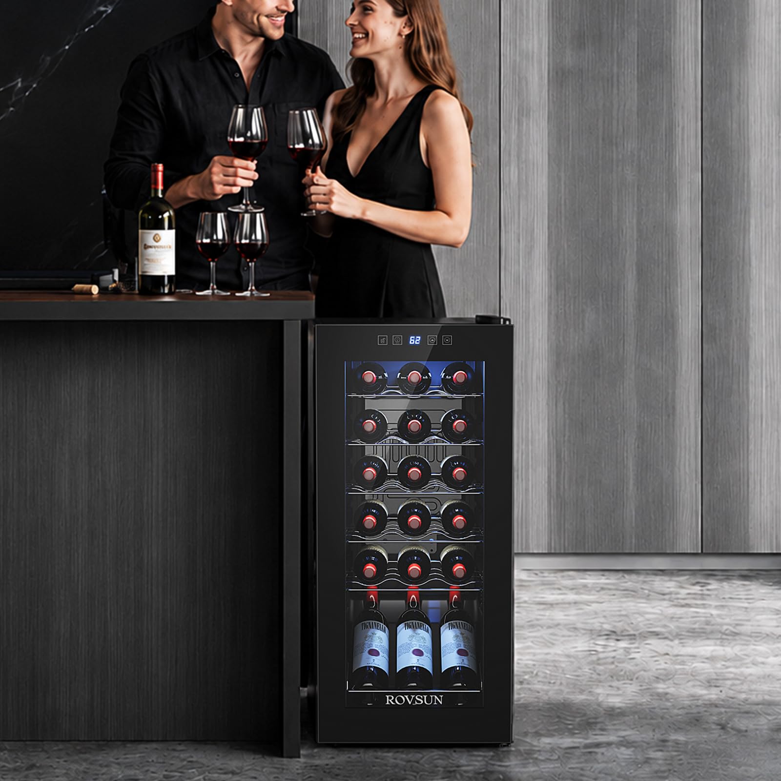 ROVSUN 18 Bottle Wine Fridge, Freestanding Compressor Wine Cooler Refrigerator, Beverage Wine Chiller with Digital Temperature Control & Double-layer Glass Door for Red White Wine, Champagne, Beer