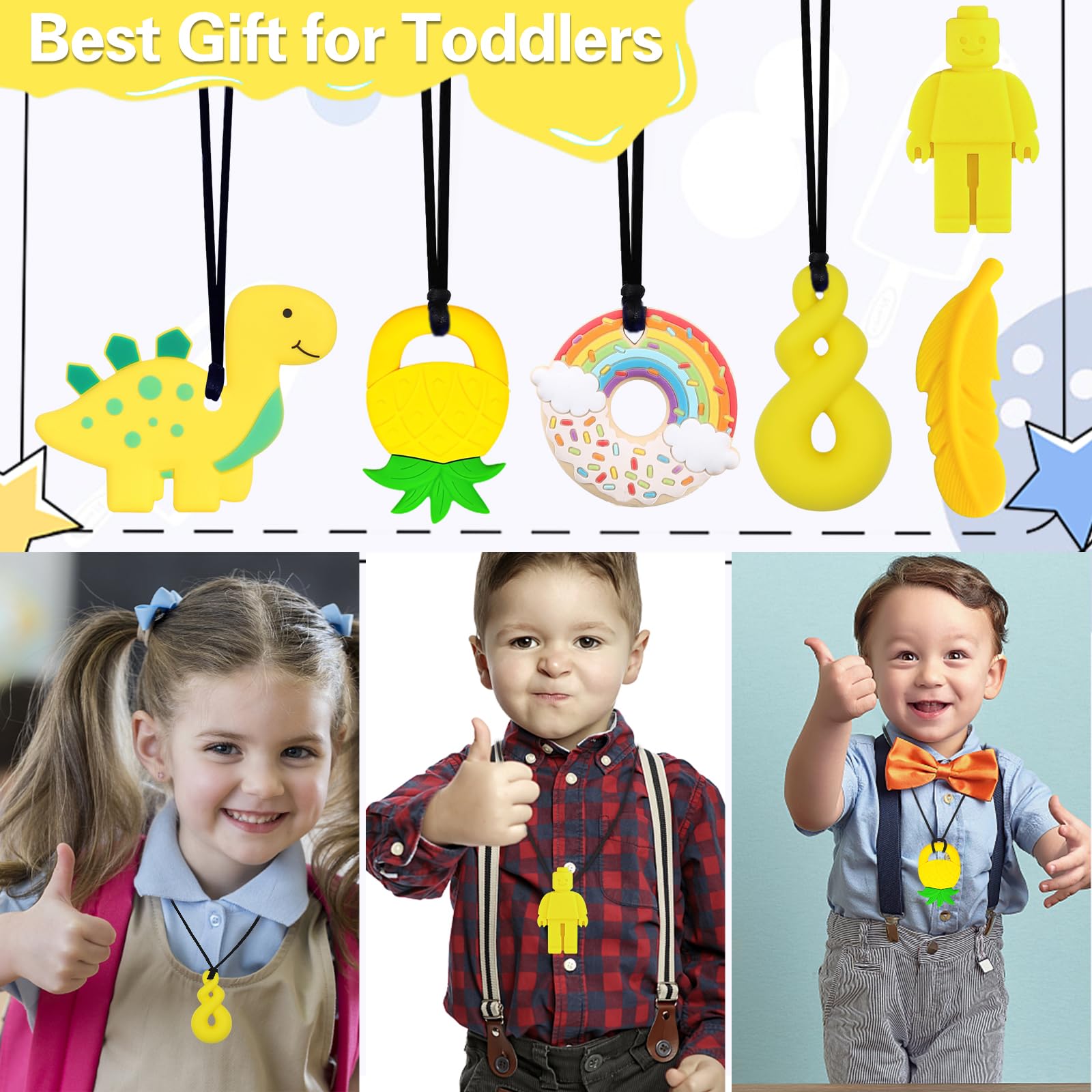 Kaukette für Kinder, 6 Stück Sensory Kauen Halskette, Silikon Beißring für Baby, Autismus Spielzeug für Jungen und Mädchen, Perfekt für Kinder mit ADHS, Zahnen, Beißende, Fingernägel Kauen (Blau)