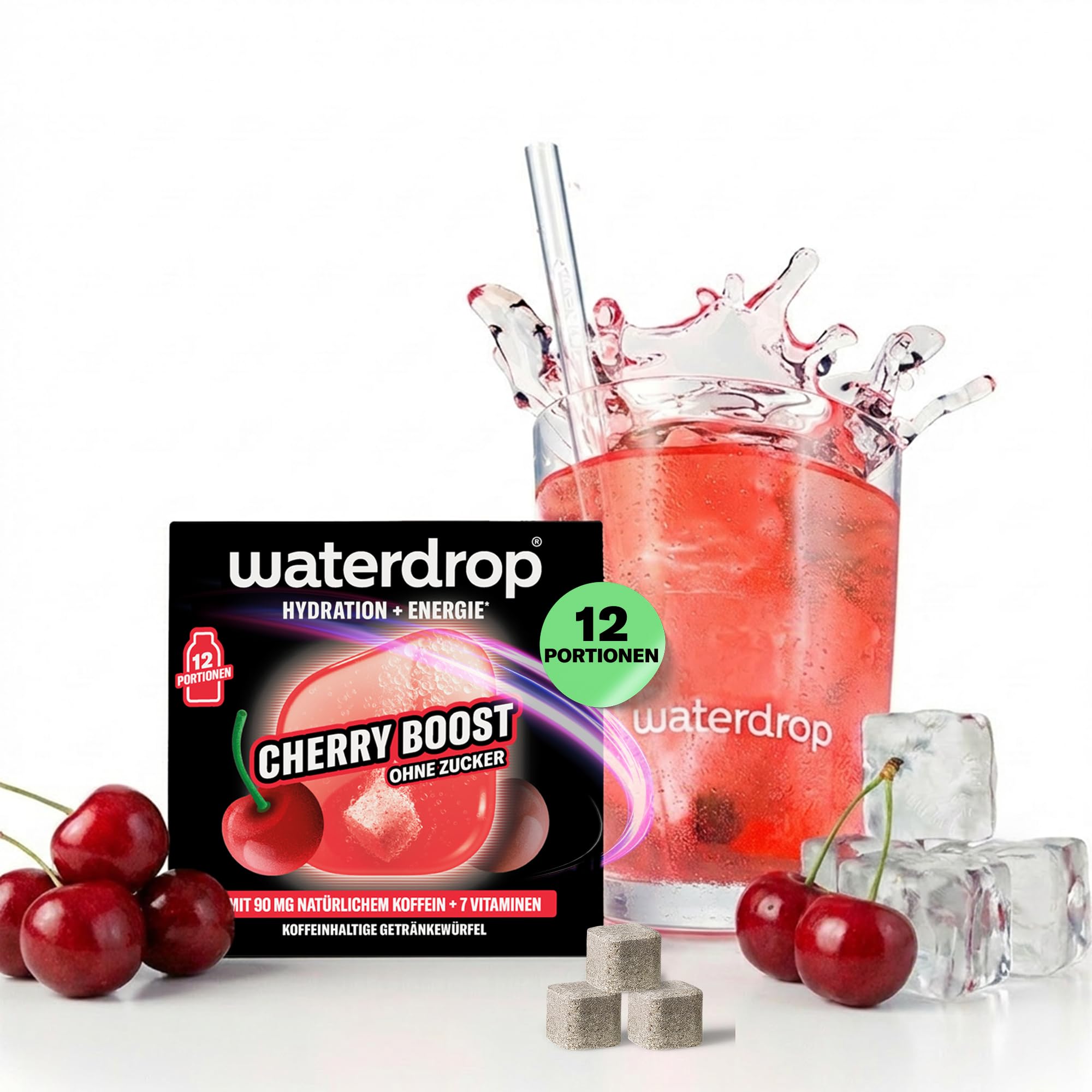 waterdrop® Microenergy Set, Energy Drink Pulver, 36 Würfel Getränkepulver, Mango, Kirsche & Brombeere Geschmack, Zuckerfrei & Kalorienarm, Mit 90 mg Natürlichem Koffein, Vitamin C & B – Flavour Drops