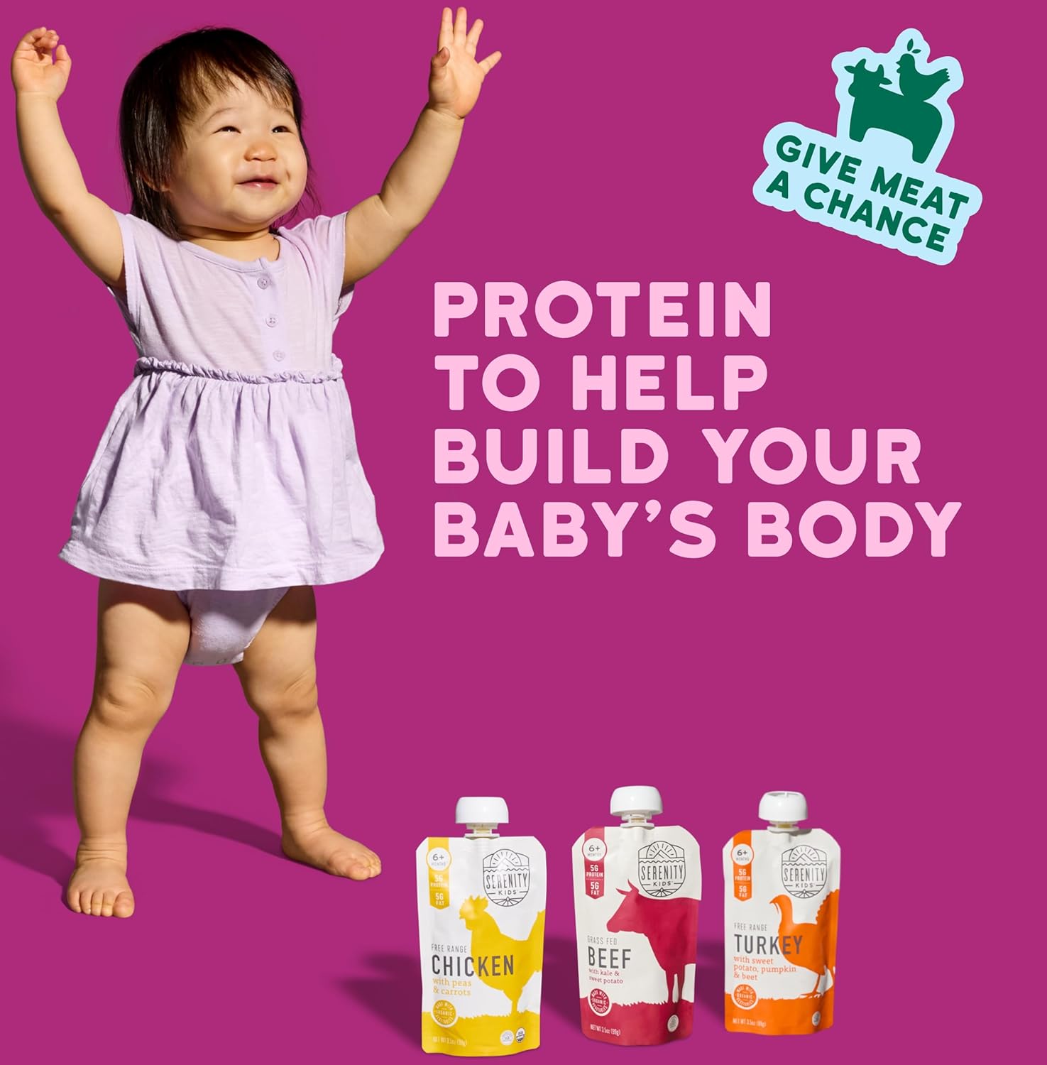 Serenity Kids 6+ Months Baby Food Pouches - Nutrient-Packed Meat Puree with 5g Protein - Organic Baby Food with Ethically Sourced Meat & Veggies - Convenient On-the-Go Toddler Snacks - 3.5 Oz, 8 Pack