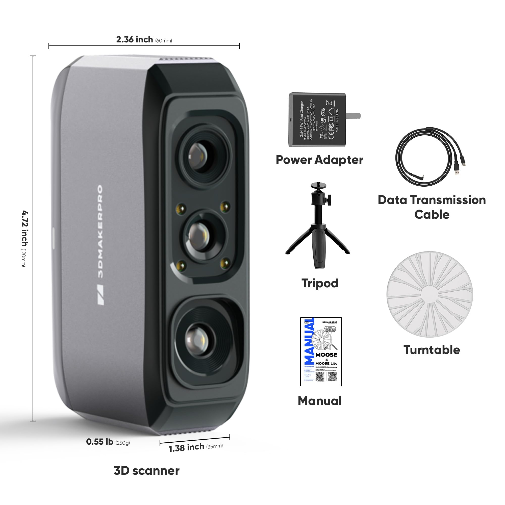 3DMakerpro 3D Scanner for 3D Printing, Handheld 3D Printer Scanner 0.05mm Precision, 10FPS Scanning Speed for Medium Object, Support for Android/iOS/Win/MacOS, Moose Lite Premium Kit