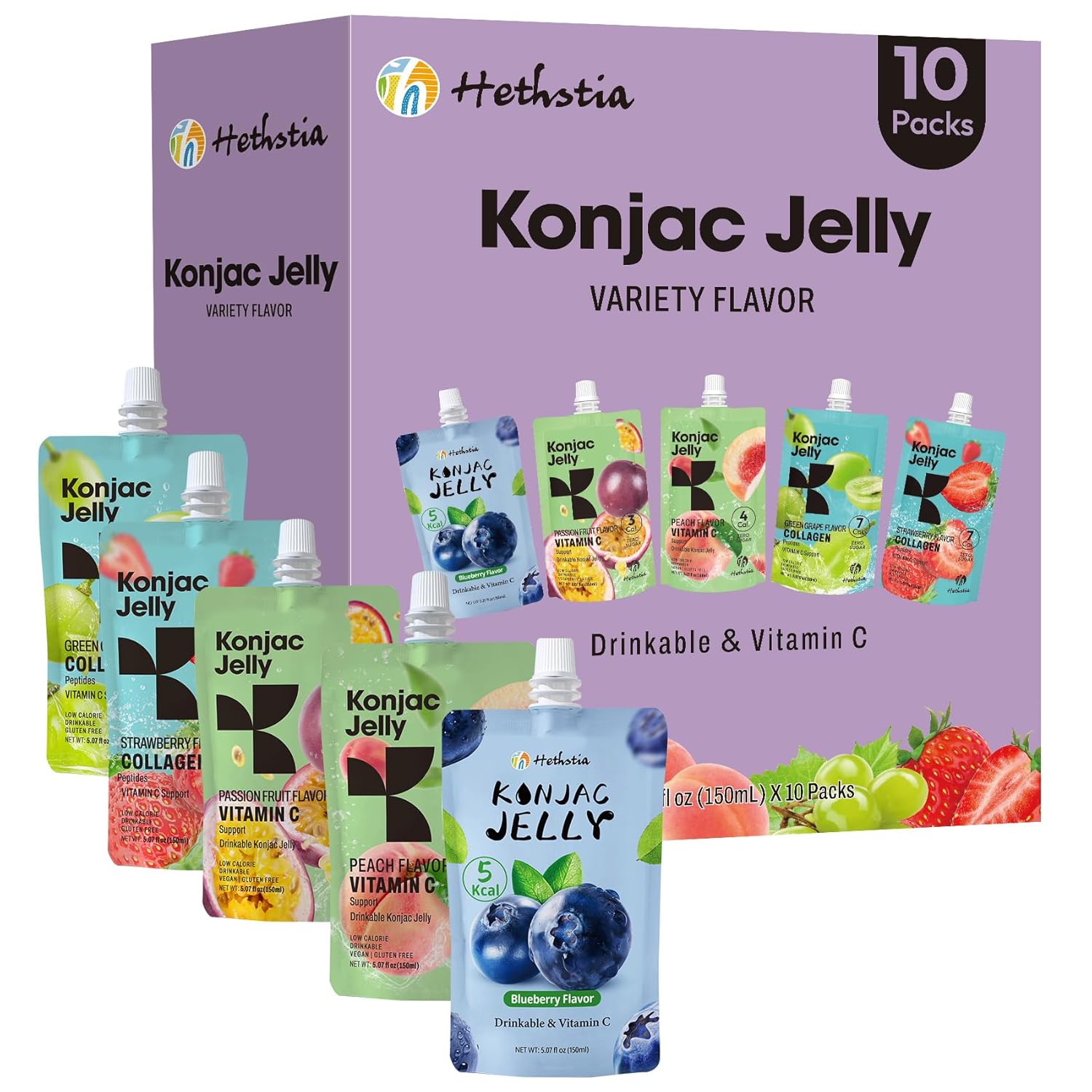 Hethstia Konjac Jelly Variety Pack, 10 Pouches Drinkable Jelly– Blueberry, Peach, Passion Fruit, Green Grape, Strawberry – Low Calorie Snack with Vitamin C, Keto, Gluten-Free, On-the-Go Healthy Treat