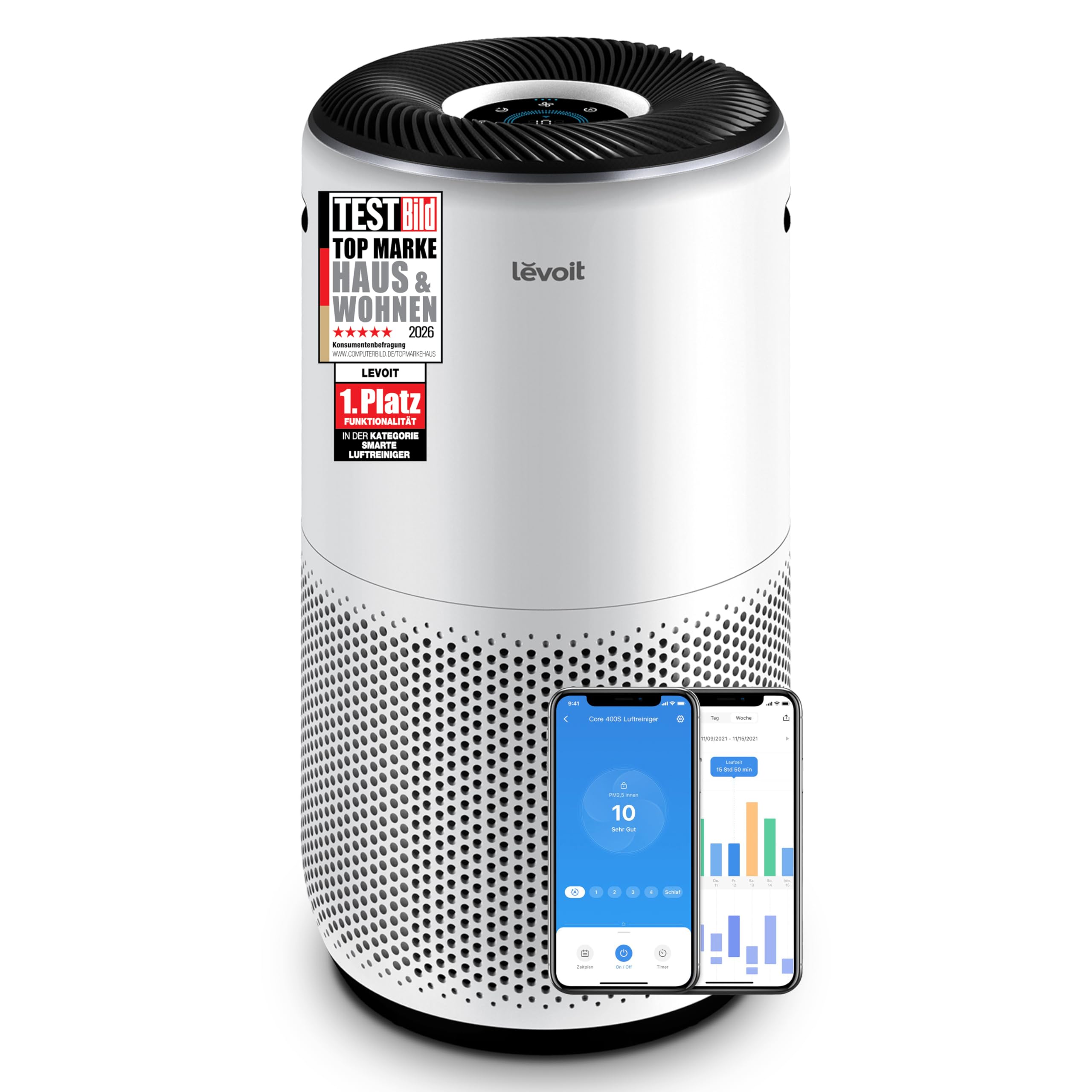 Levoit Luftreiniger mit HEPA Luftfilter gegen 99,97 Prozent Schimmel Staub Pollen Tierhaare, Luftqualitäts-Feedback und Auto-Modus, CADR 240m³/h für Raucherzimmer, bis zu 50m², Weiß