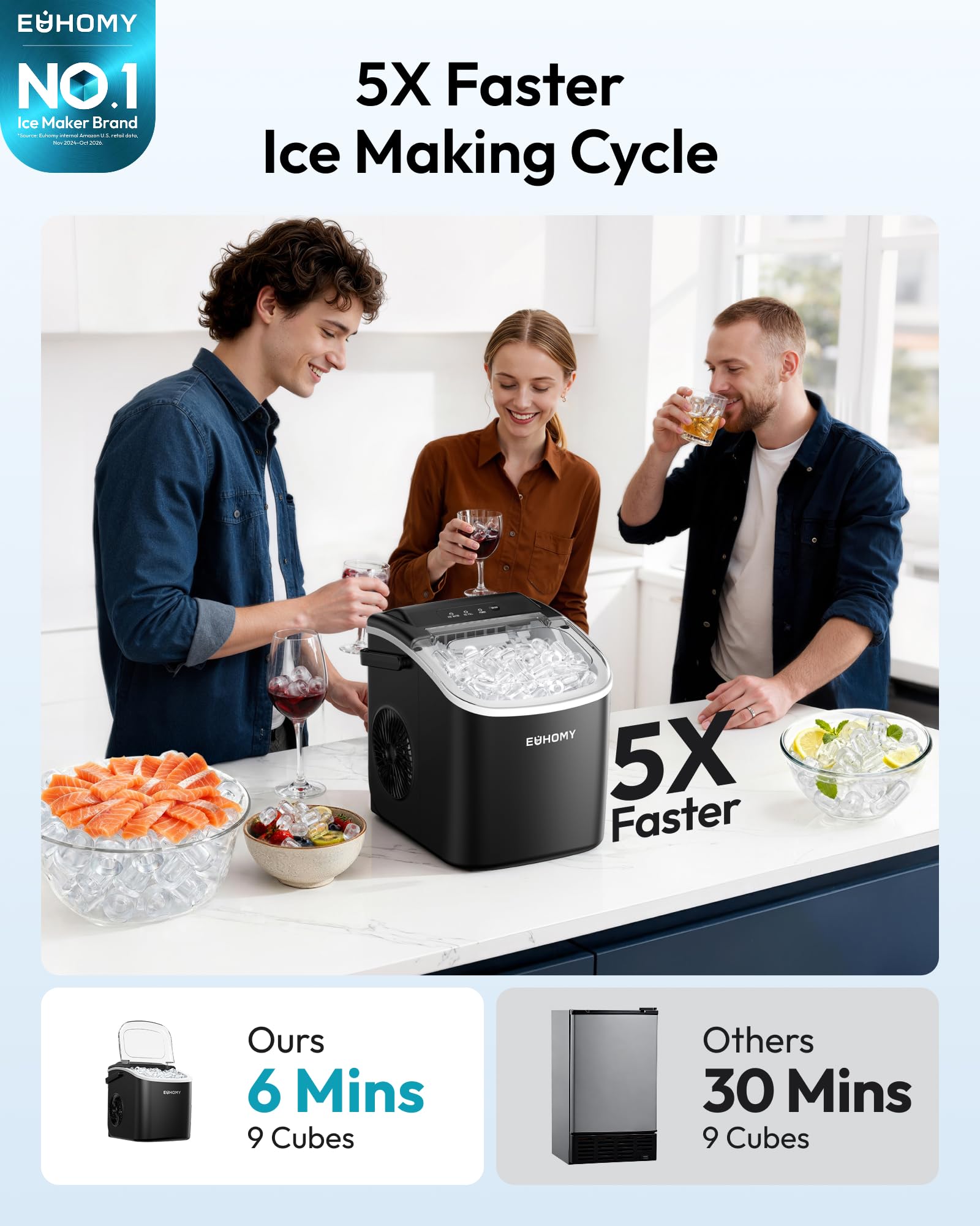 EUHOMY Countertop Ice Maker Machine with Handle, 26lbs in 24Hrs, 9 Ice Cubes Ready in 6 Mins, Auto-Cleaning Portable Ice Maker with Basket and Scoop, for Home/Kitchen/Camping/RV. (Black)