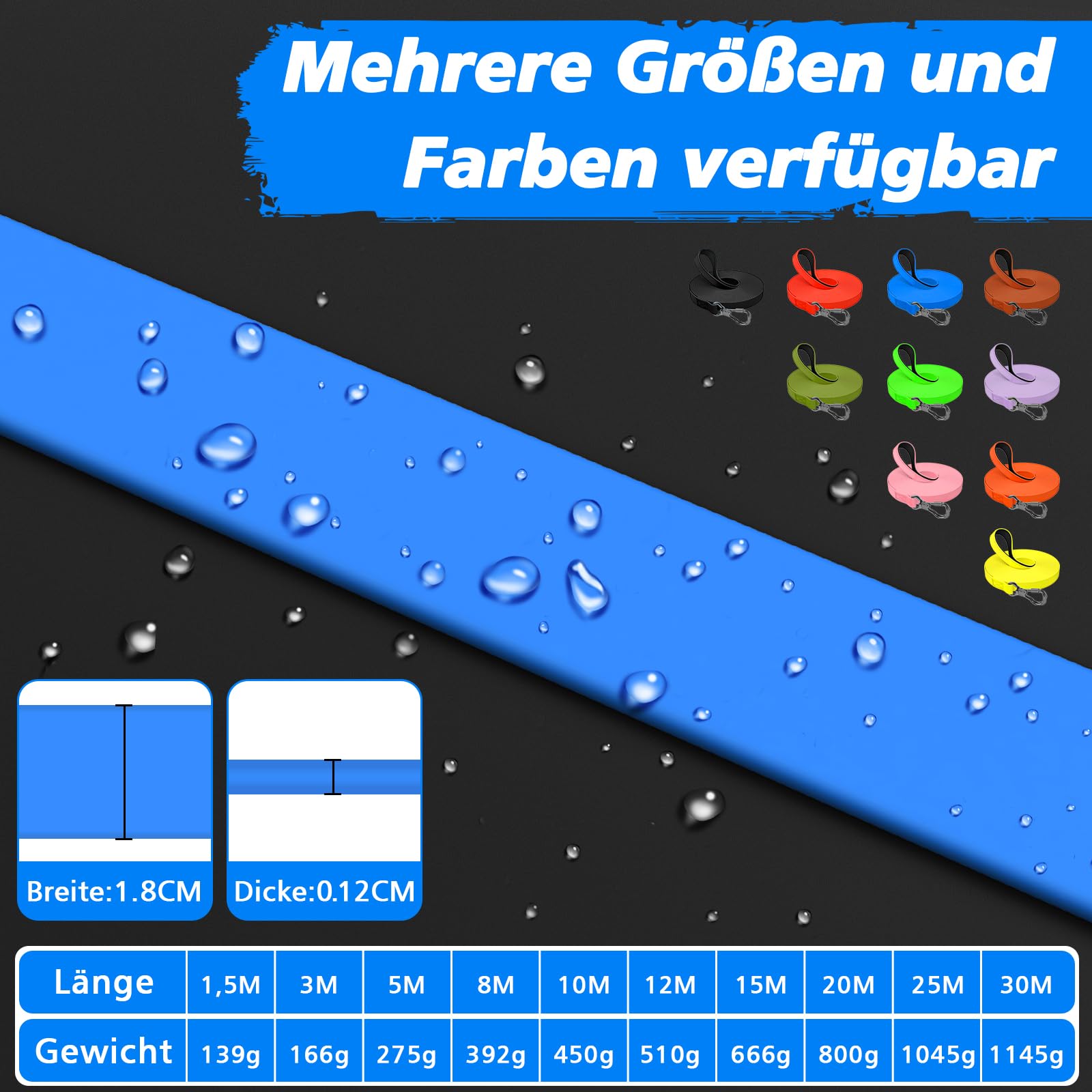 X XBEN Wasserdicht Schleppleine für Hunde,3M 5M 10M 15M 20M 30M Gummierte Schleppleine mit Abschließbarer Karabine,Wasserfest Hundeleine Laufleine für Große bis Kleine Hunde,Robuste Trainingsleine