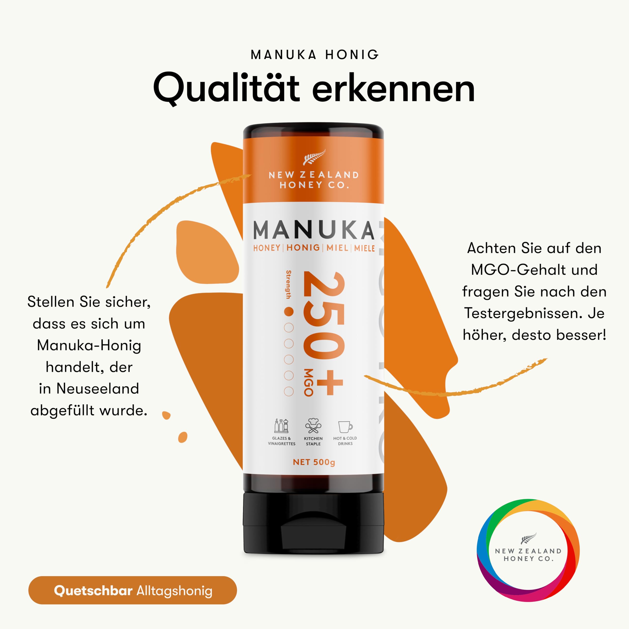 New Zealand Honey Co. Manuka Honig MGO 400+ | 500g Quetschflasche | Aktiv und Roh | Hergestellt in Neuseeland | Zertifiziertem Methylglyoxal Gehalt | 500g