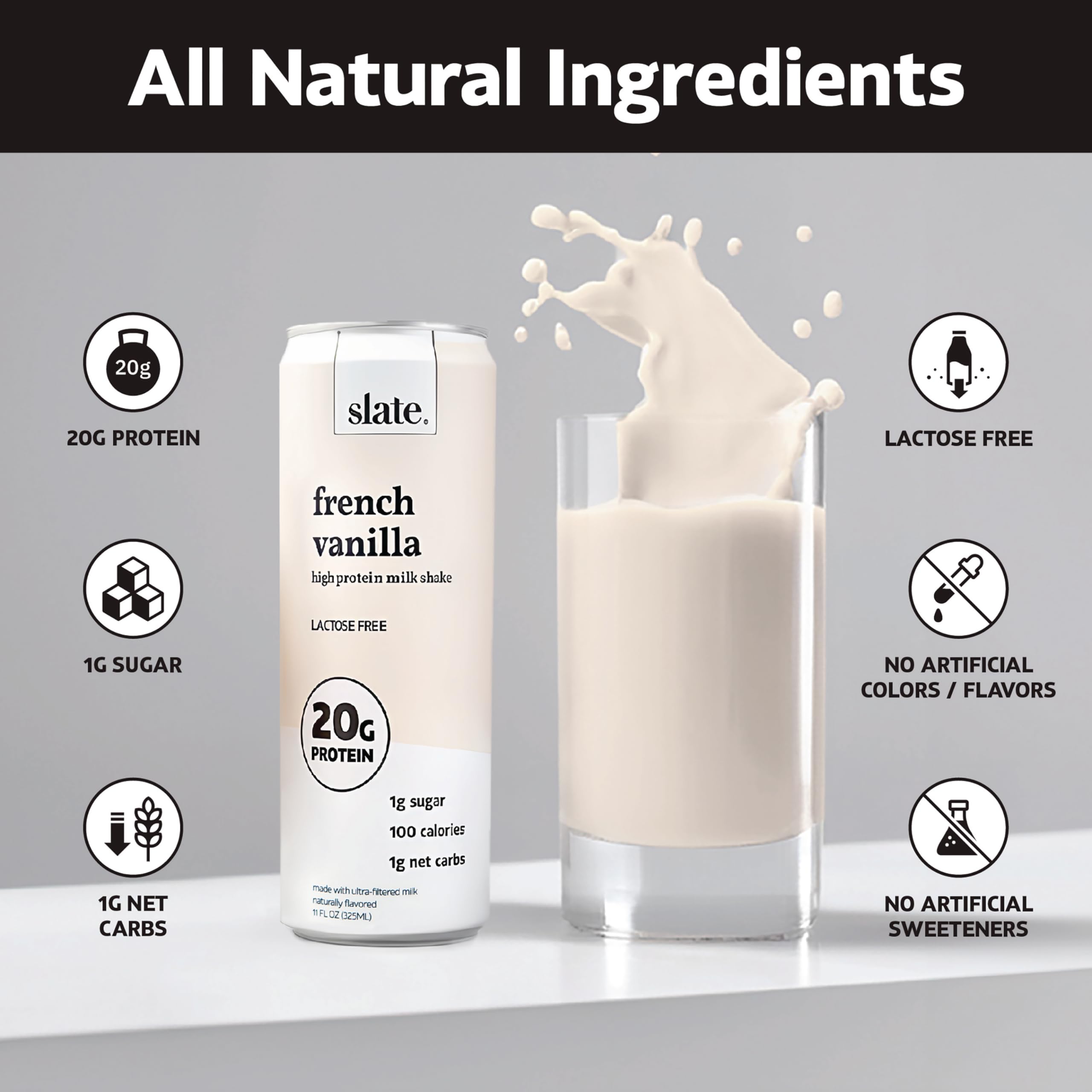 Slate Milk - High Protein Milkshake - French Vanilla - Lactose-Free, 20g Protein, 1g Sugar, 100 Calories, 1g Net Carbs, No Added Sugar - Natural, Breakfast Boost, Post Workout - 11 fl oz, 12 Cans