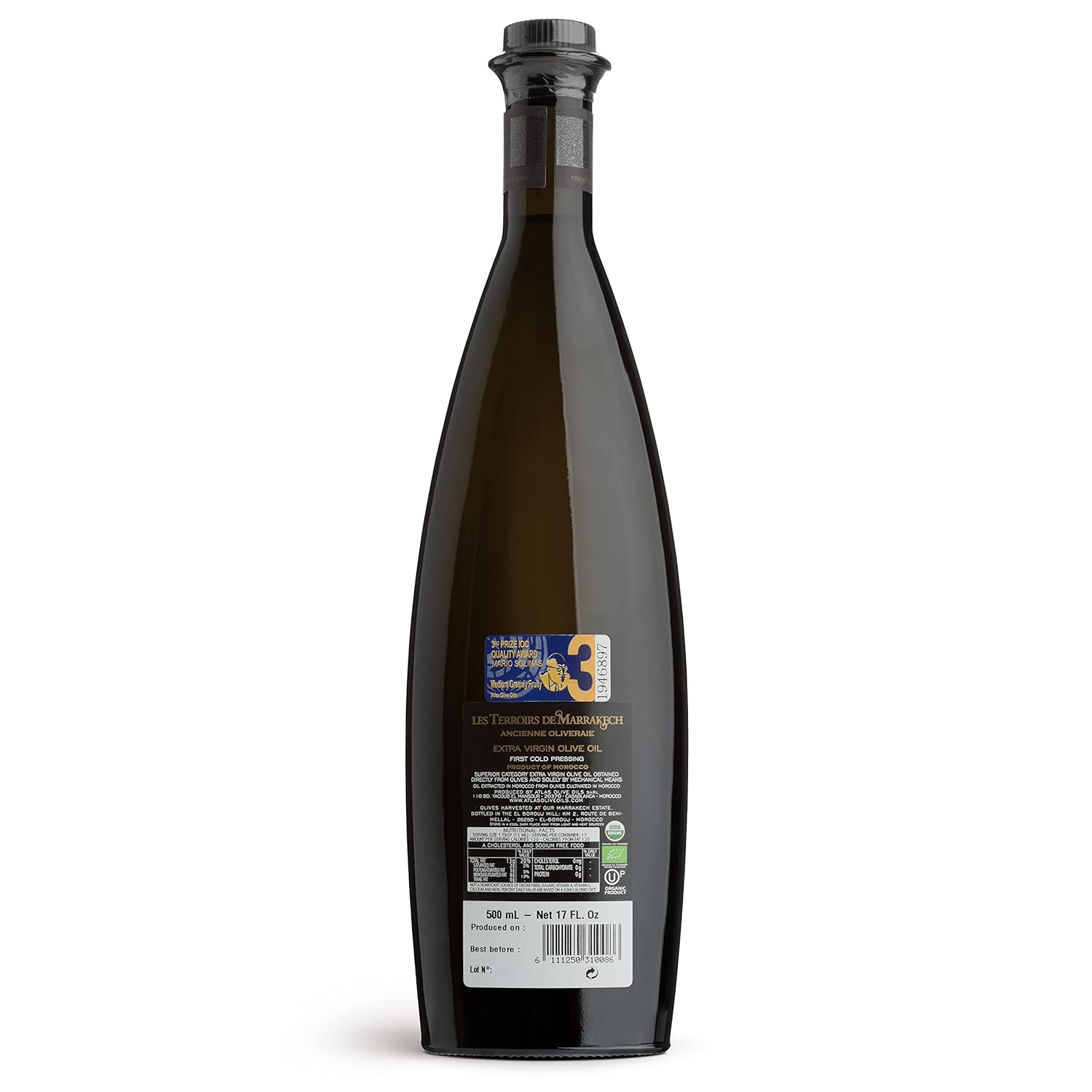 Les Terroirs De Marrakech Extra Virgin Olive Oil, Polyphenol Rich Olive Oil, Moroccan Cold Pressed EVOO Oil, Keto Organic Olive Oil, USDA Certified, Award Winning, Carbon Neutral, 17fl oz. Bottle