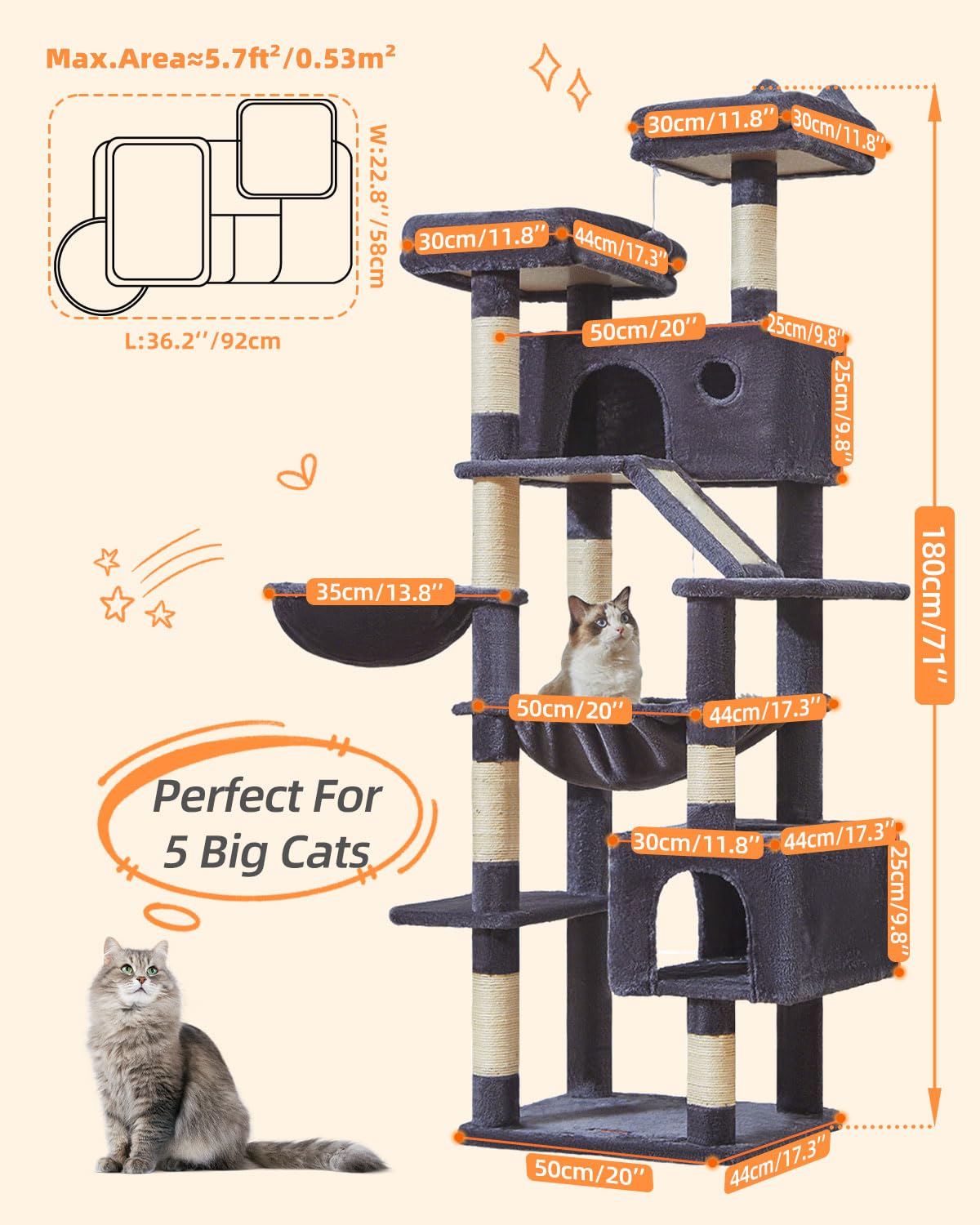 Taoqimiao 180CM Kratzbaum Groß, Katzenbaum Katzen Kratzbaum Grosse Katzen Stabil mit 2 Katzenhaus, Metallhängematte, Korb, 8 Kratzsäulen, Katzenkratztafel, MS026LM Beige