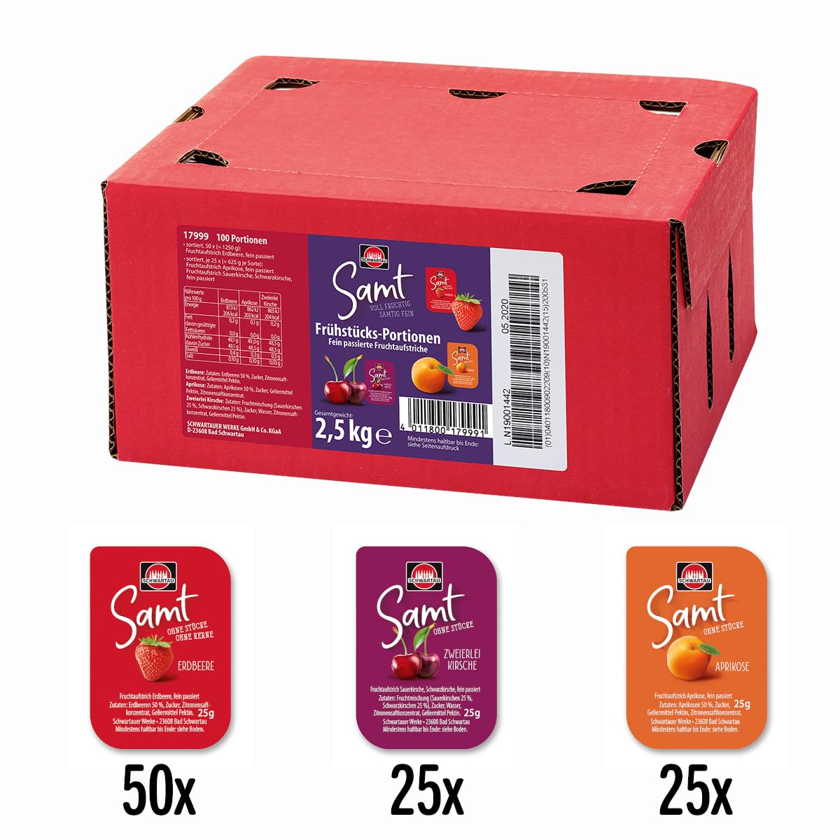 Schwartau Samt Portionen Mix-Box, Konfitüre Portionsschalen (50 x Erdbeere, 25 x Aprikose, 25 x zweierlei Kirsch), Großpackung, 100 x 25g