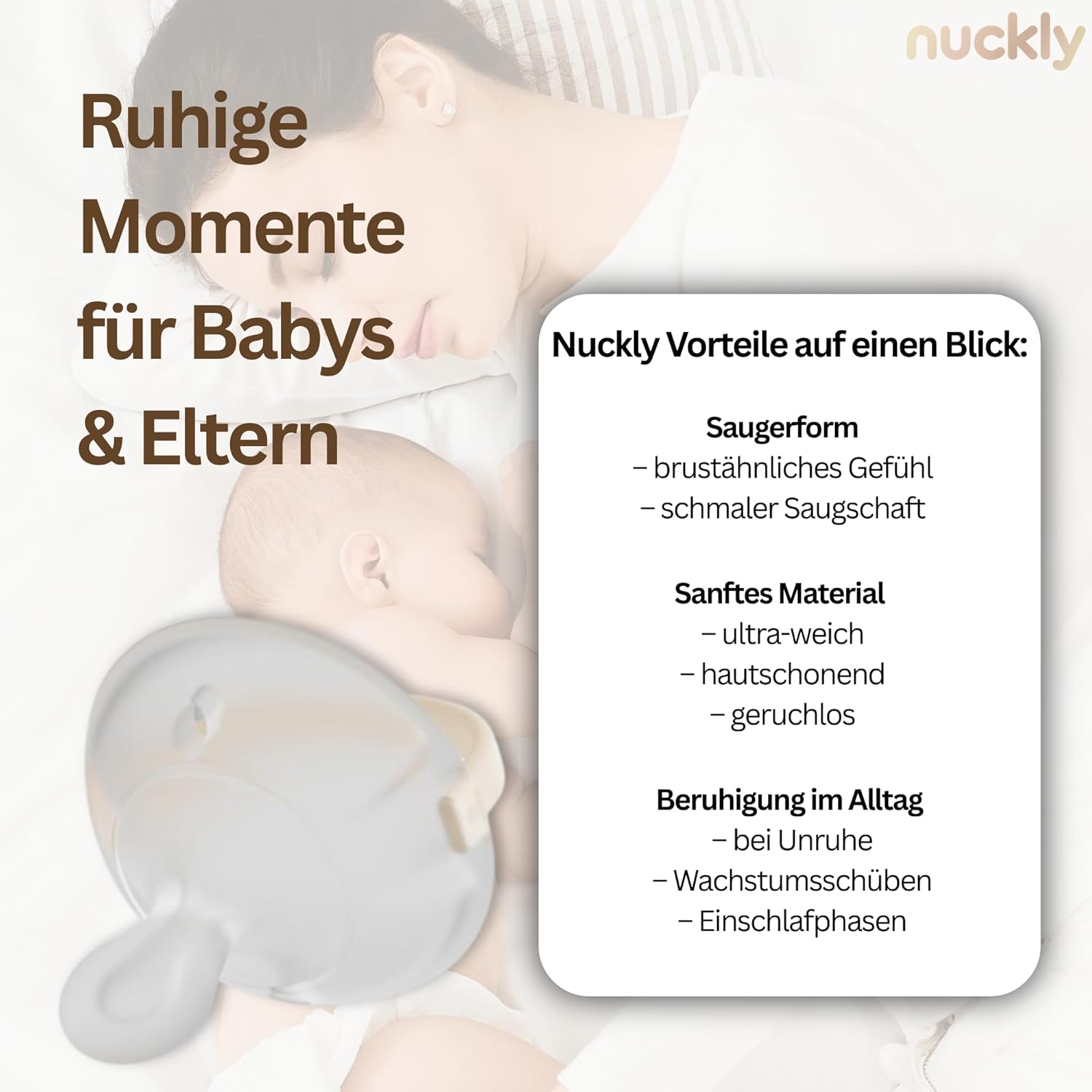 Nuckly NatureSense Brustähnlicher Schnuller – Doppelpack, 1–24 Monate, BPA-frei, Food-Grade Silikon, Beige