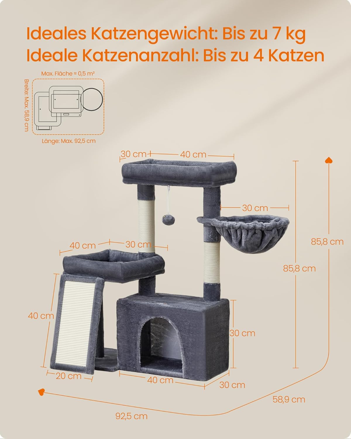Feandrea Kratzbaum, Katzenbaum mit Kratzsäulen, Rampe, Katzenkratzbaum, 2 große Plattformen, Höhle und Korb, 85,8 cm hoch, Taubengrau PCT013GD01