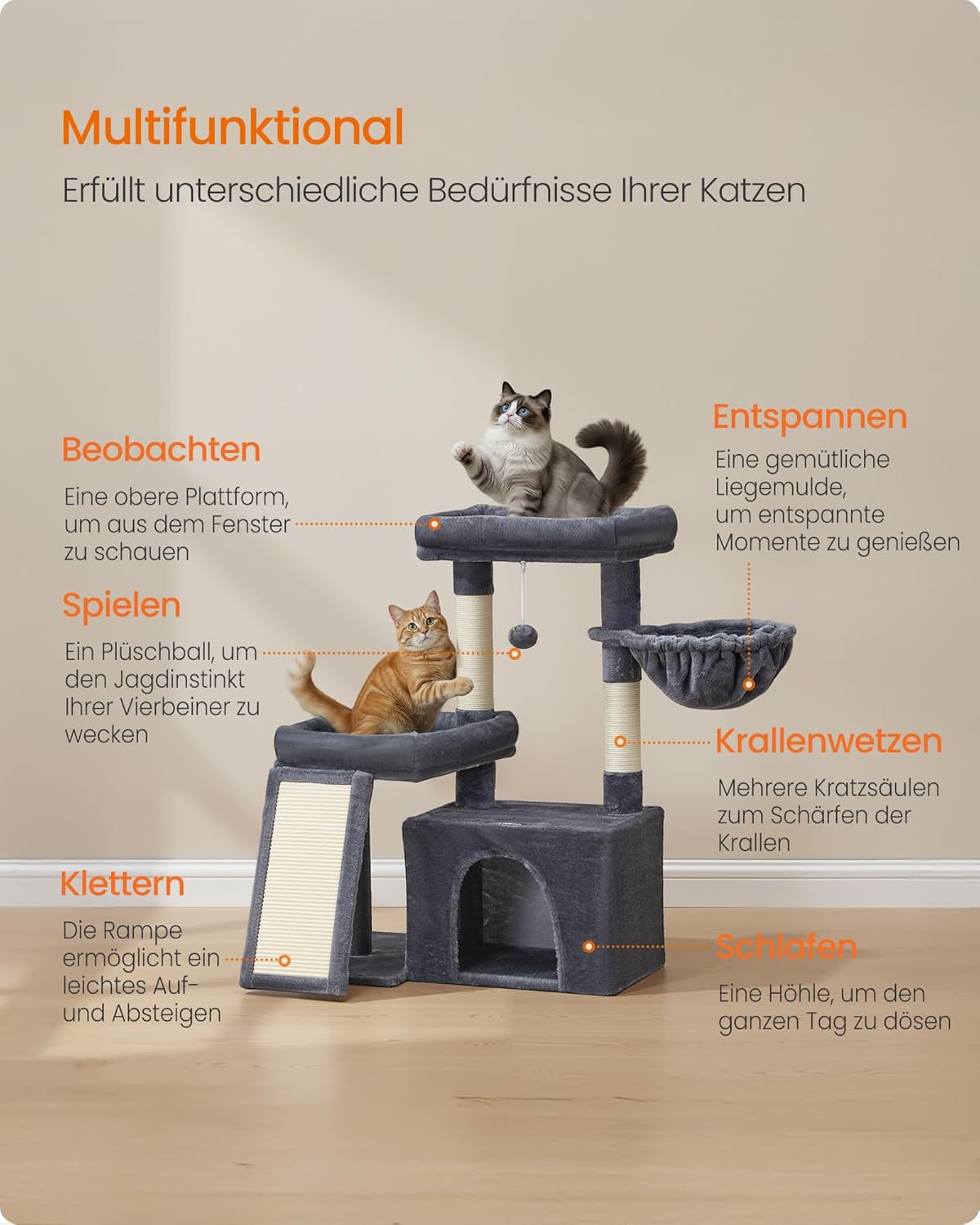 Feandrea Kratzbaum, Katzenbaum mit Kratzsäulen, Rampe, Katzenkratzbaum, 2 große Plattformen, Höhle und Korb, 85,8 cm hoch, Taubengrau PCT013GD01