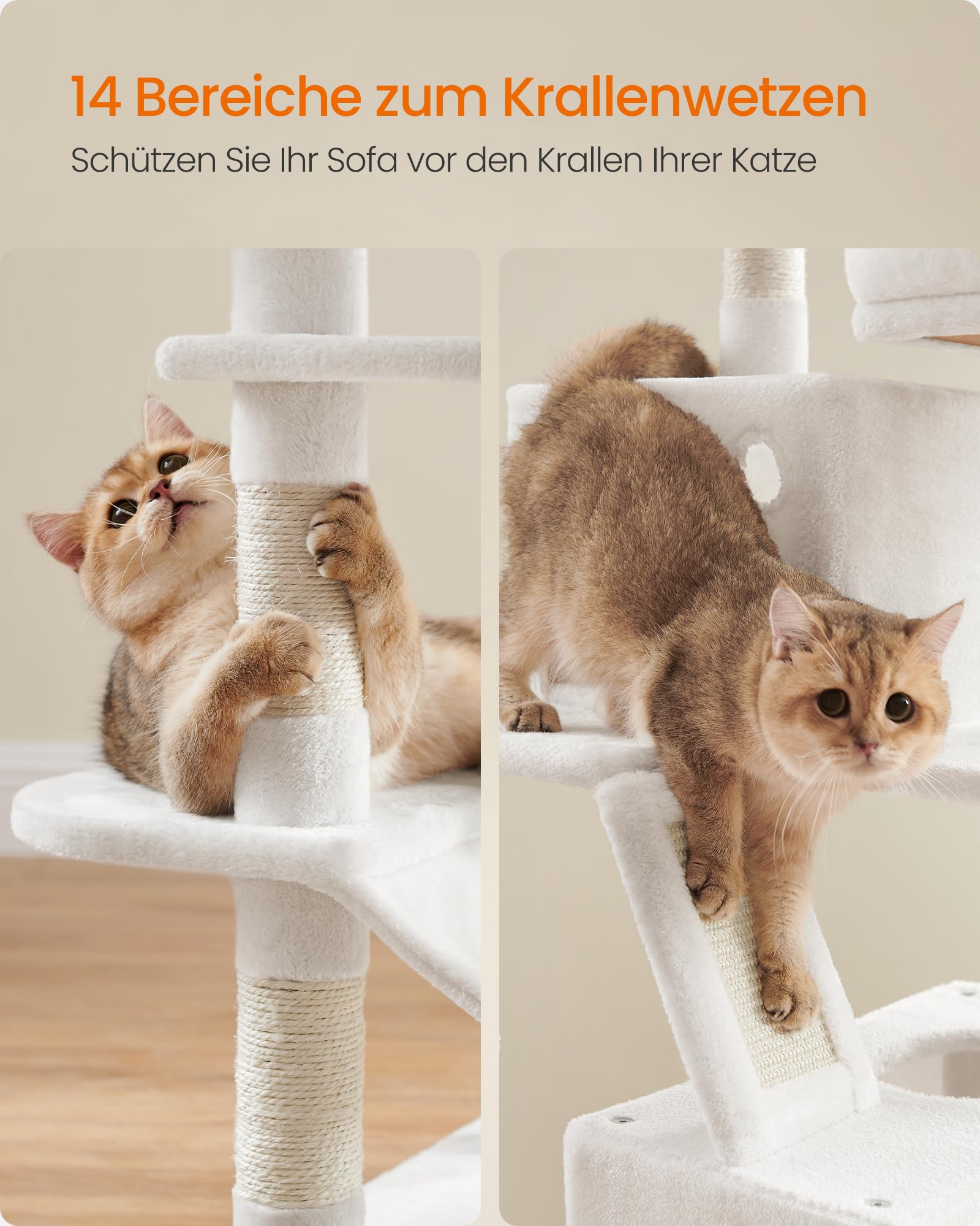 Feandrea Kratzbaum groß, 203,5 cm hoch, XXL Katzenbaum, mit 13 Kratzsäulen, 2 Plattformen, 2 Höhlen, Korb, Hängematte, Plüschbälle, mehrstöckiger Katzenkratzbaum, rauchgrau PCT190G01