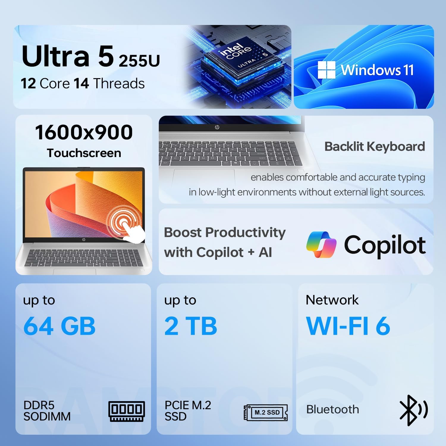 HP 17.3" Touchscreen Business Copilot AI Laptop PC, Intel Ultra 5 225U, 16GB DDR5 RAM, 1TB SSD, Wi-Fi 6, Win11 Home, Backlit Keyboard, Webcam Shutter, Fingerprint Reader, Bundle with PCO Laptop Cooler
