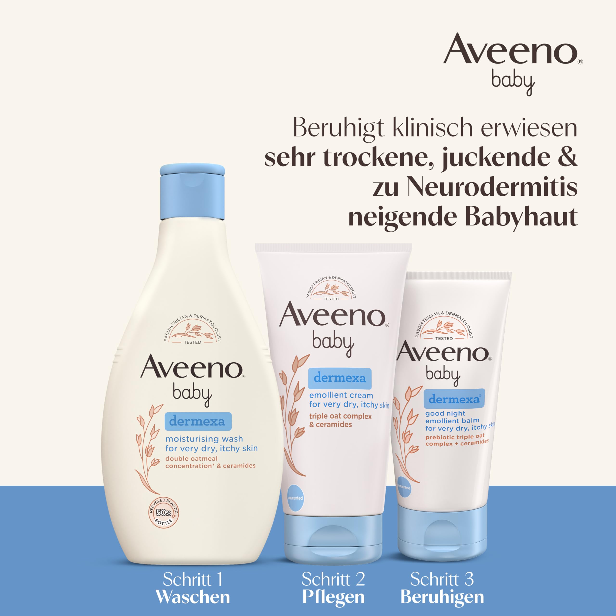 Aveeno® baby dermexa Emollientien Creme mit präbiotischem Hafermehl, Ceramiden & Panthenol für sehr trockene, juckende und zu Neurodermitis neigende Haut, 150 ml