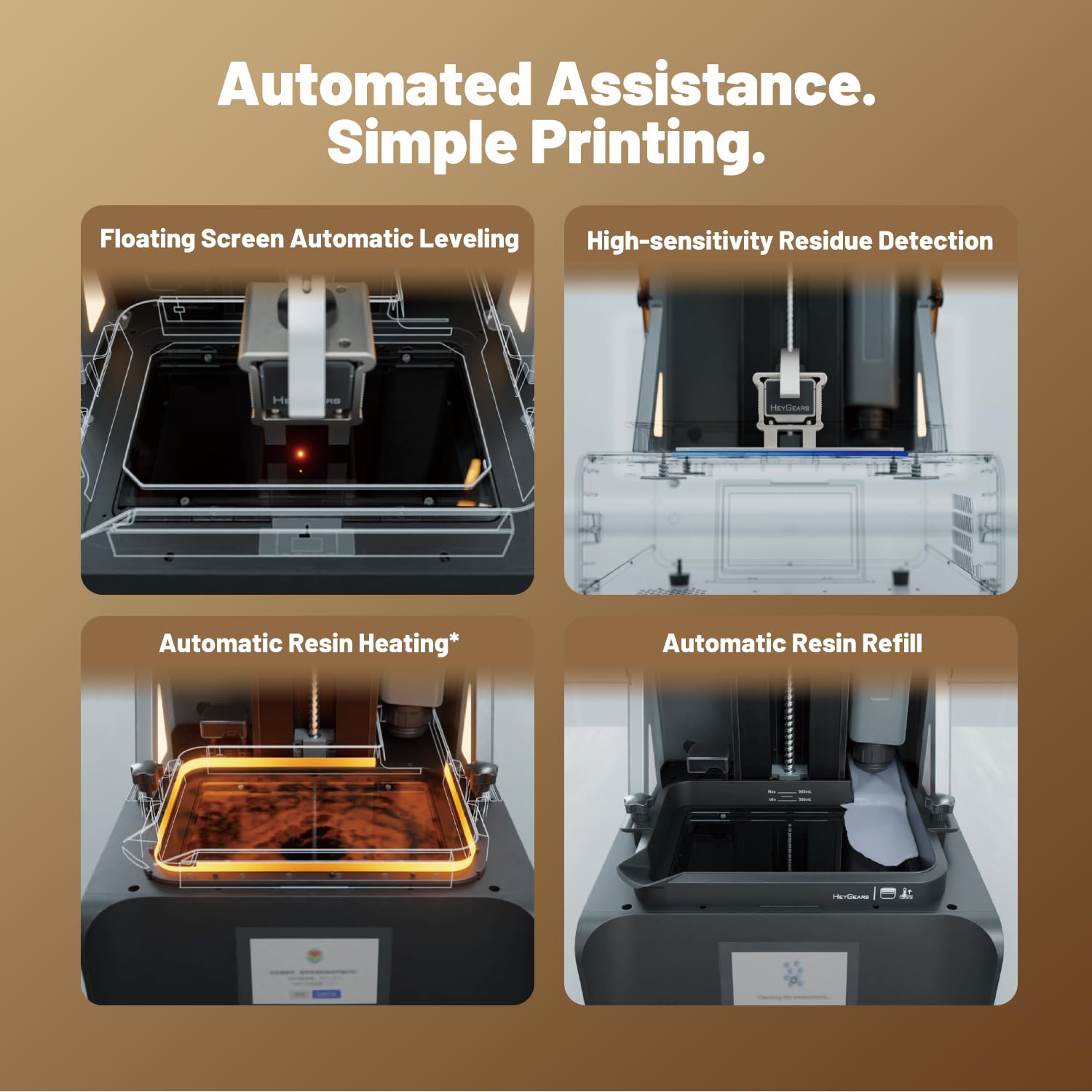 Heygears Reflex RS Turbo Resin 3D Printer with Amber Screen, High Contrast Ratio of 566:1, Delivering ±2μm High Precision and 4.5s/Layer High Speed, C5 Industrial Z-Axis and Auto Leveling
