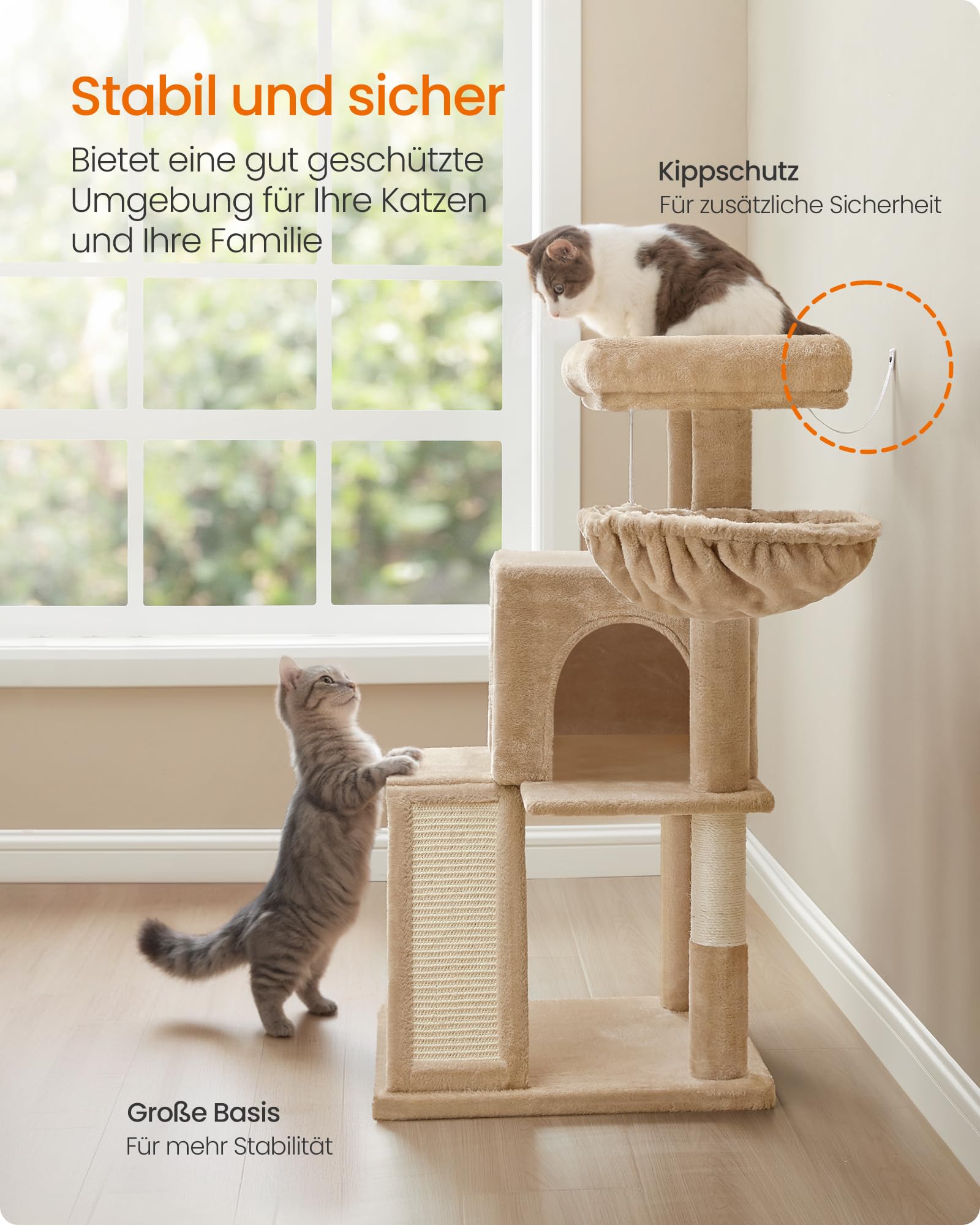 Feandrea Kratzbaum, 96 cm hoch, Katzenbaum mit großer Plattform, Katzenkratzbaum mit Katzenhöhle, Hängematte, Kratzrampe, Plüschball, weicher Plüsch, hellgrau PCT51W