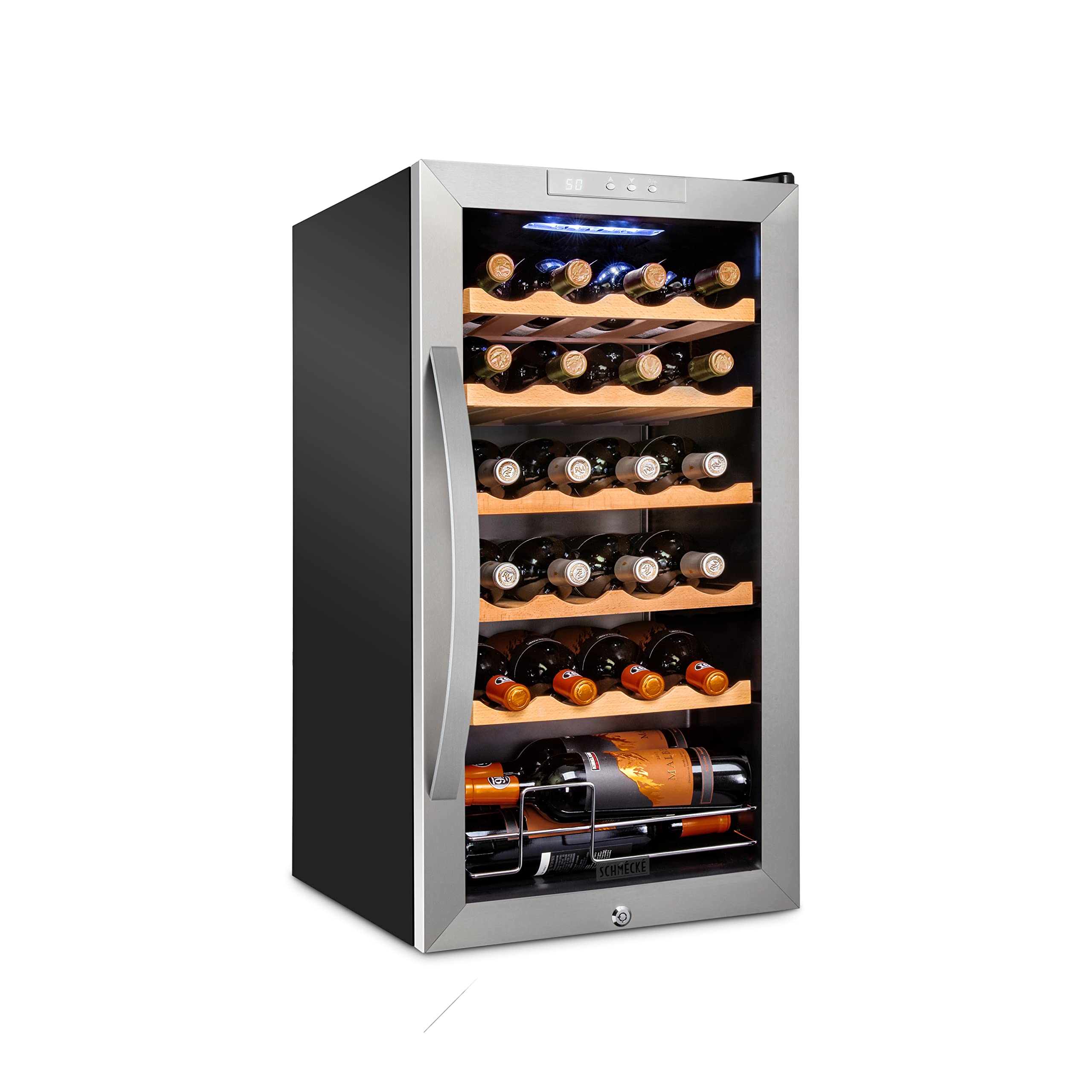 SCHMECKE 28 Bottle Compressor Wine Cooler Refrigerator w/Lock - Large Freestanding Wine Cellar - 41f-64f Digital Temperature Control Wine Fridge For Red, White, Champagne or Sparkling Wine - Black