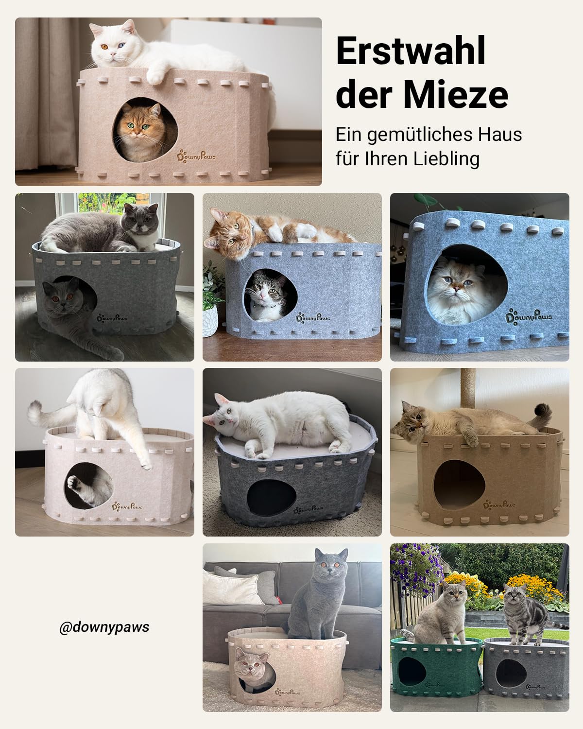 Katzenhöhle Filz, Katzenhaus aus Filz, Katzenbett, Katzenhöhle für Katzen, 58 x 33 x 30cm, Peek-a-Boo zum Spielen, Winterfest, Schutz der Katzennägel, Beige