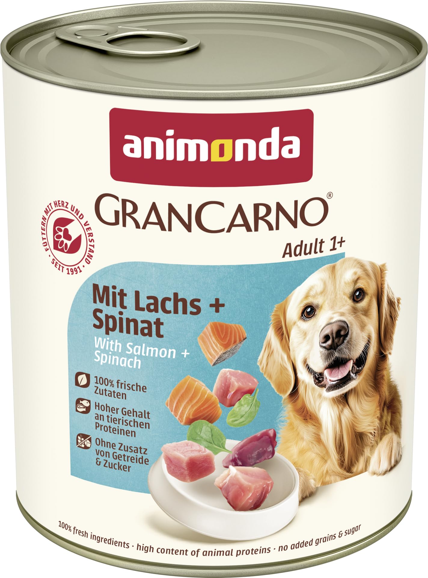 animonda GranCarno Hunde Nassfutter mit Rind + Entenherzen (6 x 800 g), getreidefreies Hundenassfutter ohne Zucker, für ausgewachsene Hunde, mit frischen fleischigen Zutaten