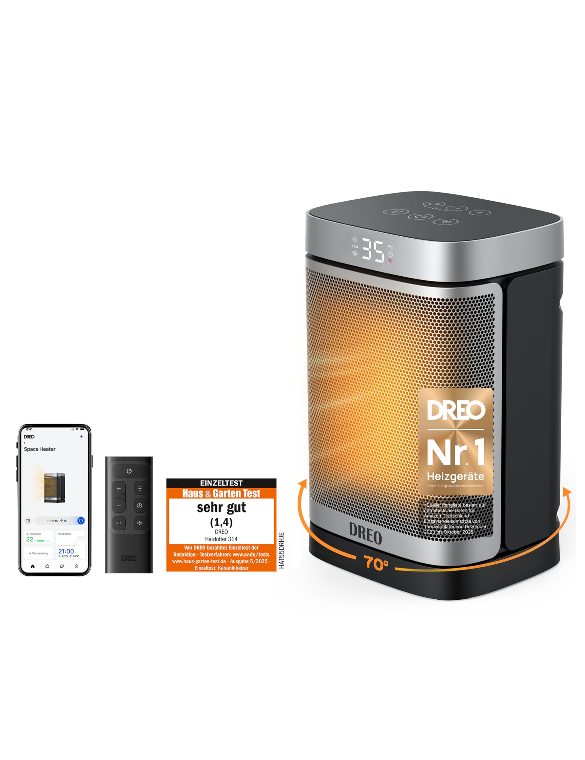 Dreo Heizlüfter Energiesparend Klein, 1500W Heizung Elektrisch mit Thermostat, 70° Oszillierend Elektroheizung, PTC Keramik Heizlüfter Leise, ECO-Modus, 12-Std-Timer, Überhitzungs- & Kippschutz