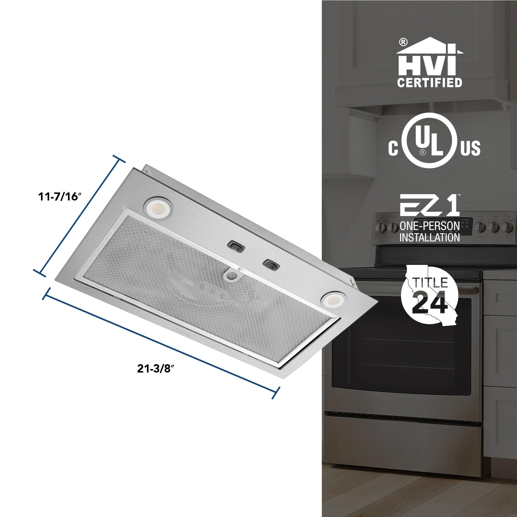 Broan-NuTone PM300SS Custom Power Pack Range Hood Insert with 2-Speed Exhaust Fan and Light, 300 Max Blower CFM, Stainless Steel, 21-Inch Built
