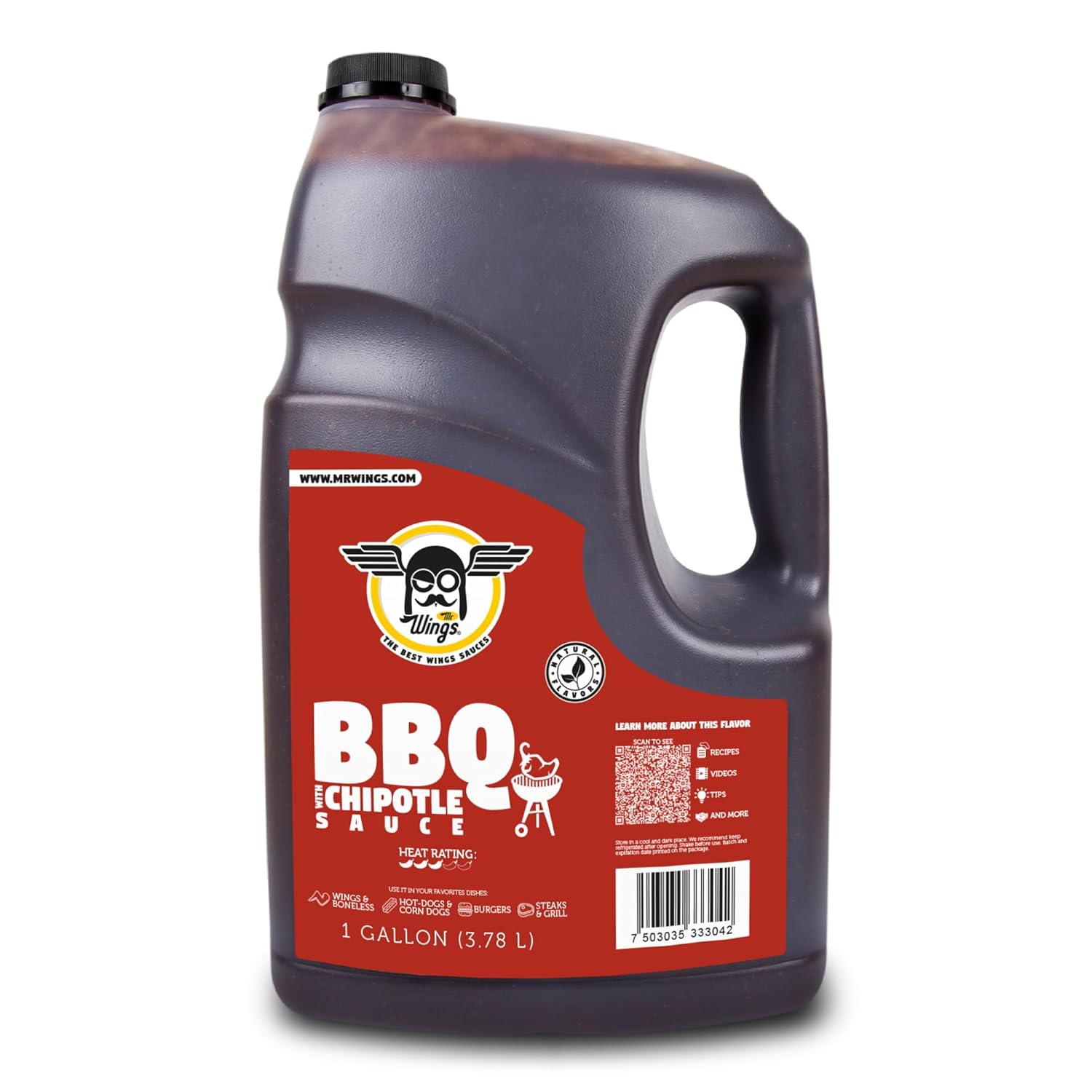 Mr. Wings Sweet Mango Mild Sauce 1 Gallon (128 Fl Oz). Sweet and spicy delight, perfect for boneless chicken, fries, drinks, and your favorite snacks. Large bulk sauce.
