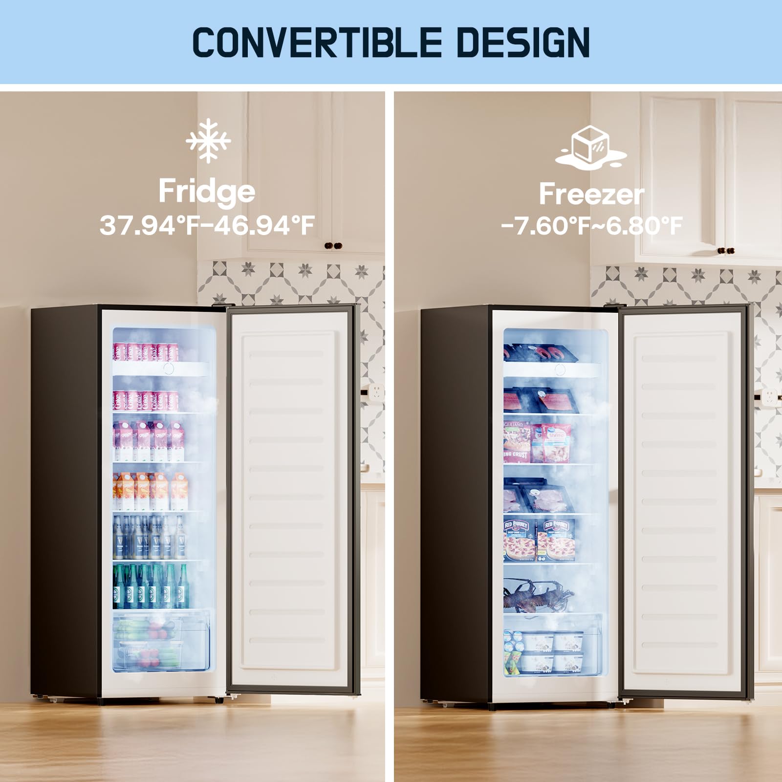 Upstreman 7.0 Cu.Ft Upright Freezer, Large Capacity Stand Up Freezer with 5 Adjustable Shelves, Convertible Refrigerator/Freezer, Reversible Door for Home, Basement, Apartment (White)