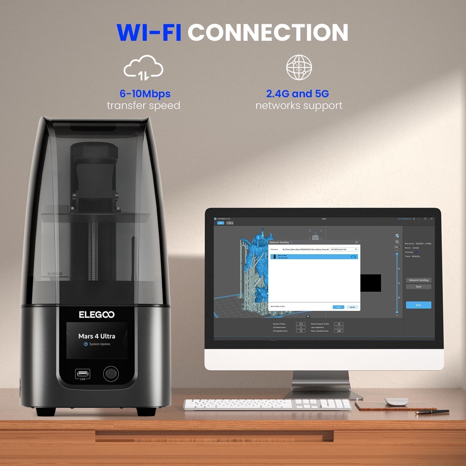 ELEGOO Mars 5 Ultra Resin 3D Printer with 7" 9K Mono LCD, 150mm/h High Speed Printing, Smart Automatic Leveling, Intelligent Detection, WiFi-Transfer, Printing Size of 6.04 × 3.06 × 6.49 inch