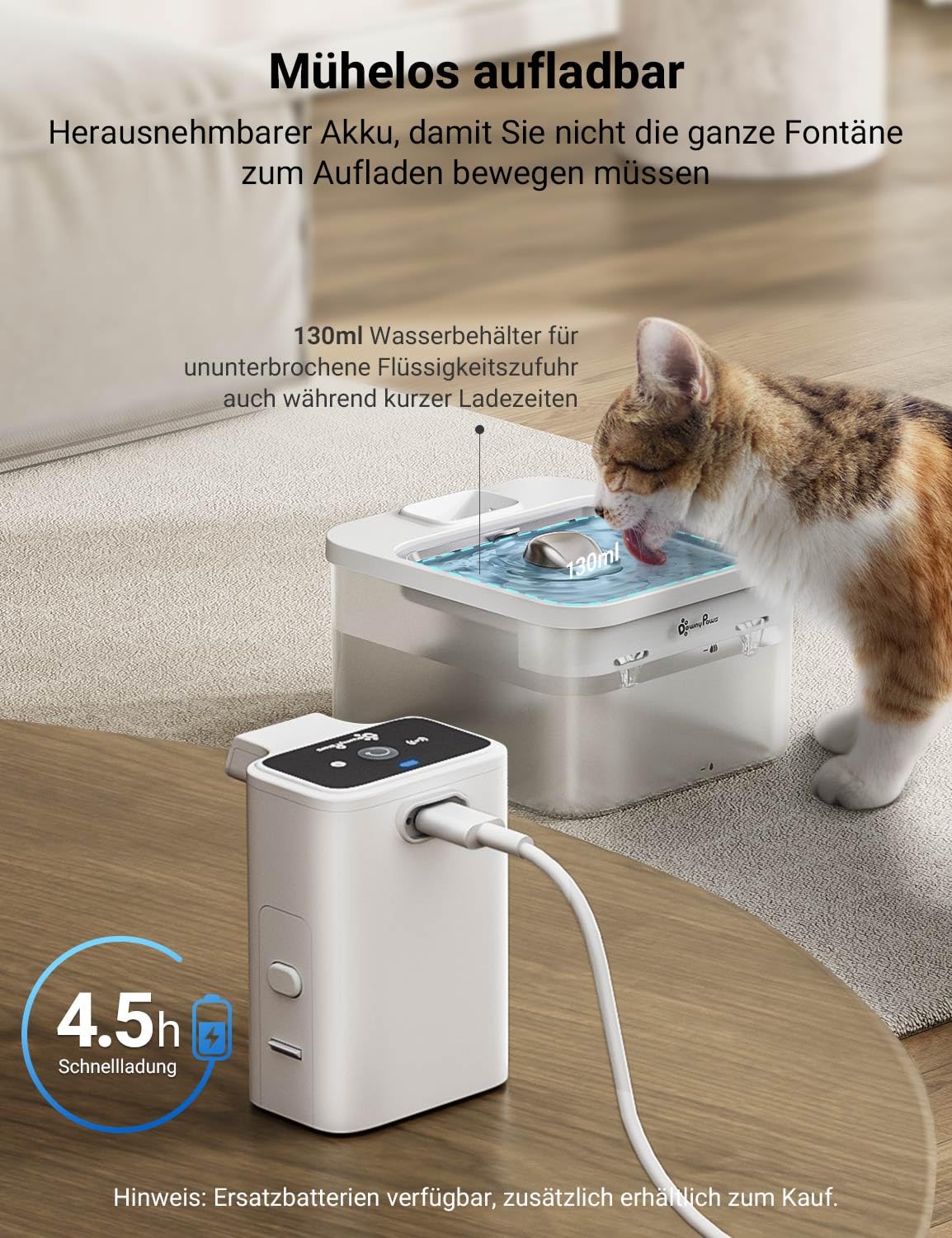 DownyPaws 2.5L Trinkbrunnen für Katze Kabellos, Katzenbrunnen Kabellos mit Bewegungsmelder, Batteriebetrieben Katzentrinkbrunnen, 4000mAh, Leise Wasserpumpe, Tablett aus Edelstahl für Katze, Schwarz