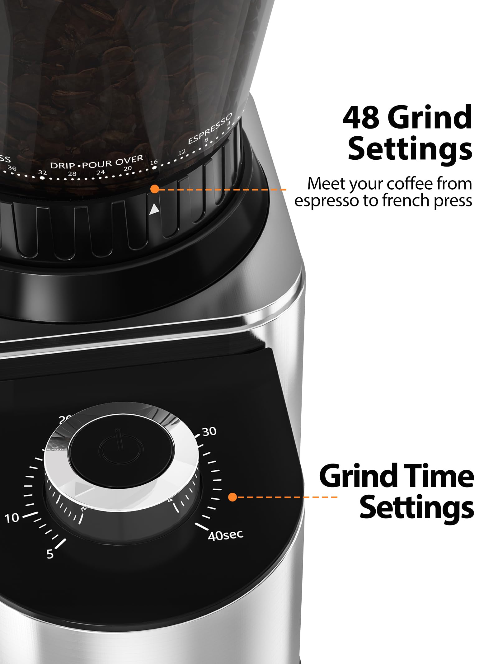 Aromaster Coffee Bean Grinder with 48 Gind Settings, Conical Burr Coffee Grinder for Home Use,Stainless Steel,40 Seconds Adjustable Timer,Anti-static,Easy to Clean with Brush,Black