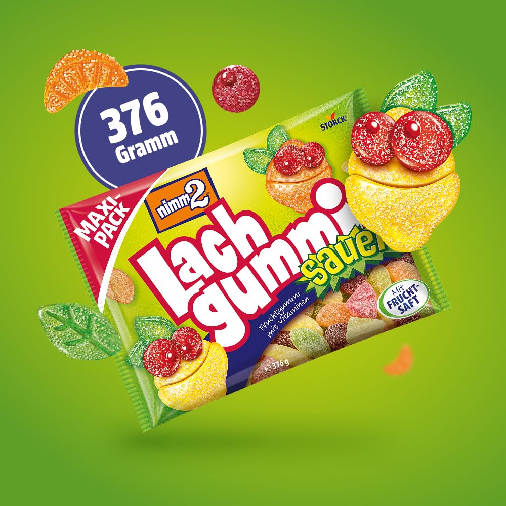 nimm2 Lachgummi – 1 x 376 g Maxi Pack – Fruchtgummi mit Fruchtsaft und Vitaminen – Süßigkeit in sechs Geschmacksrichtungen