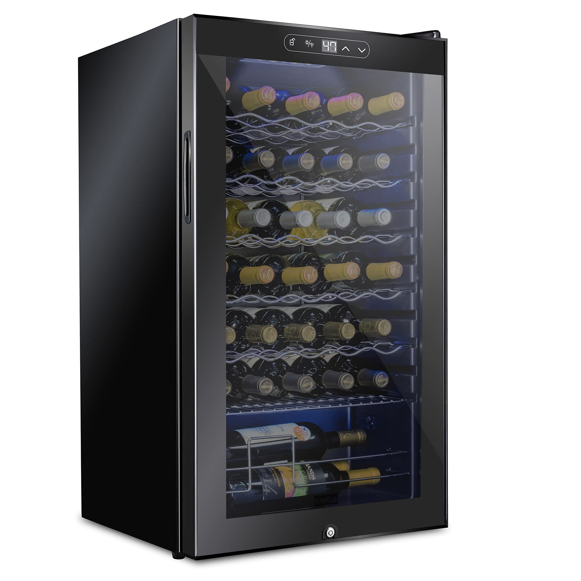 SCHMECKE 28 Bottle Compressor Wine Cooler Refrigerator w/Lock - Large Freestanding Wine Cellar - 41f-64f Digital Temperature Control Wine Fridge For Red, White, Champagne or Sparkling Wine - Black